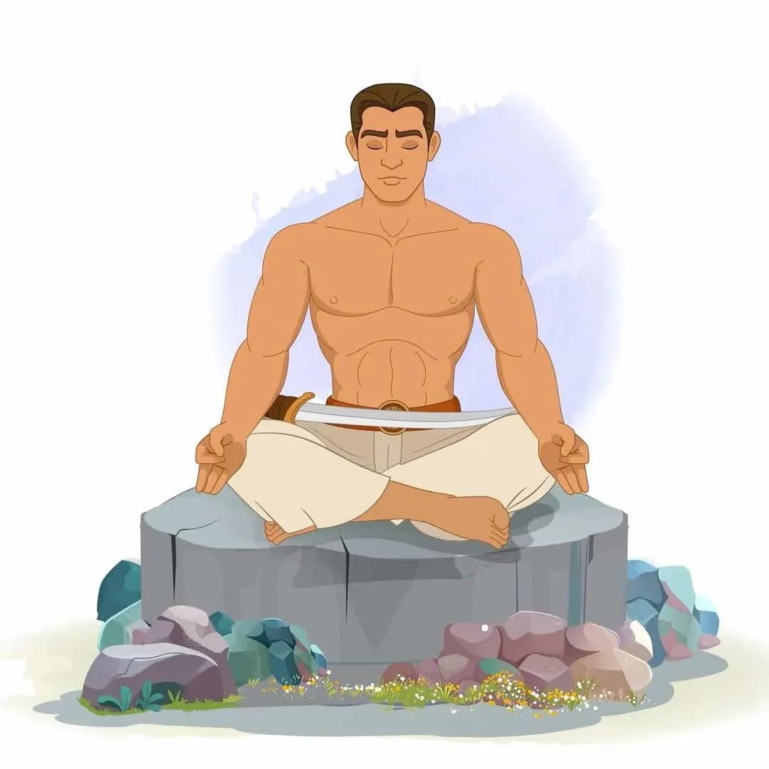 A muscular Indian warrior doing meditation animated vector cartoon character AKA Shoorsen