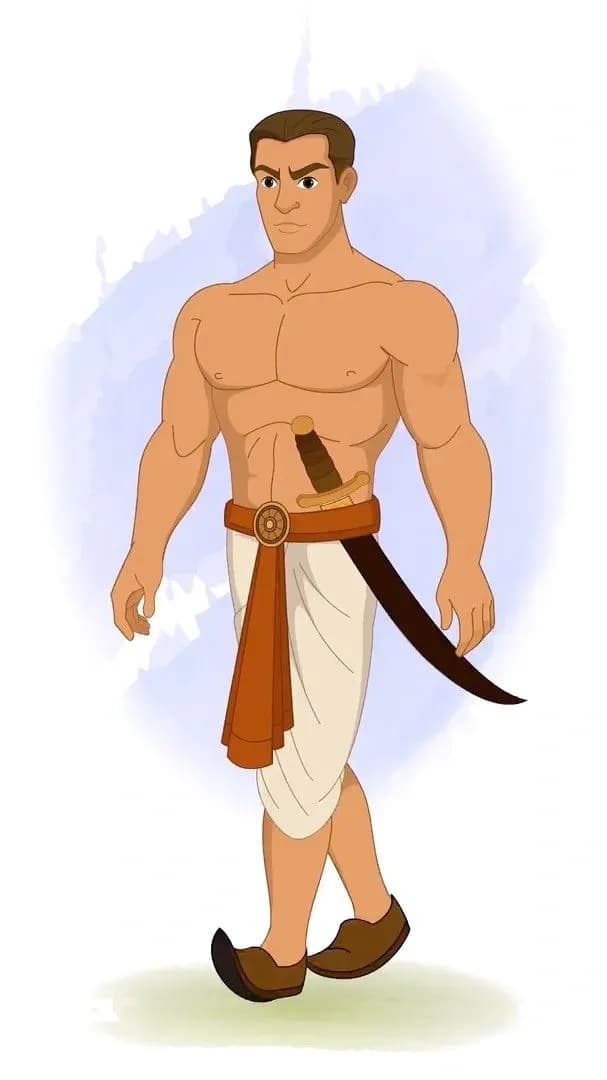 Animated vector cartoon of a muscular Indian warrior walking in a one-third view, wearing traditional dhoti and holding a sheathed sword at his waist AKA Shoorsen