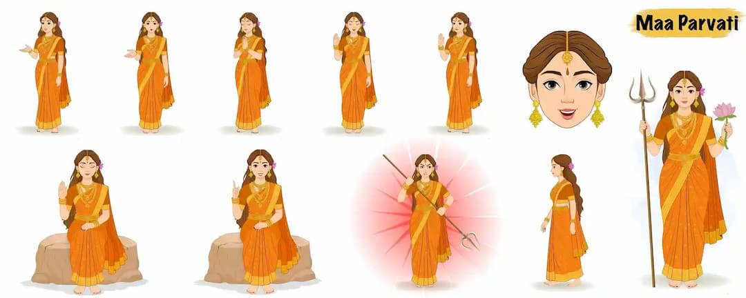 Maa Parvati The Indian God Animated Vector Cartoon Character Model sheet AKA Maa Parvati
