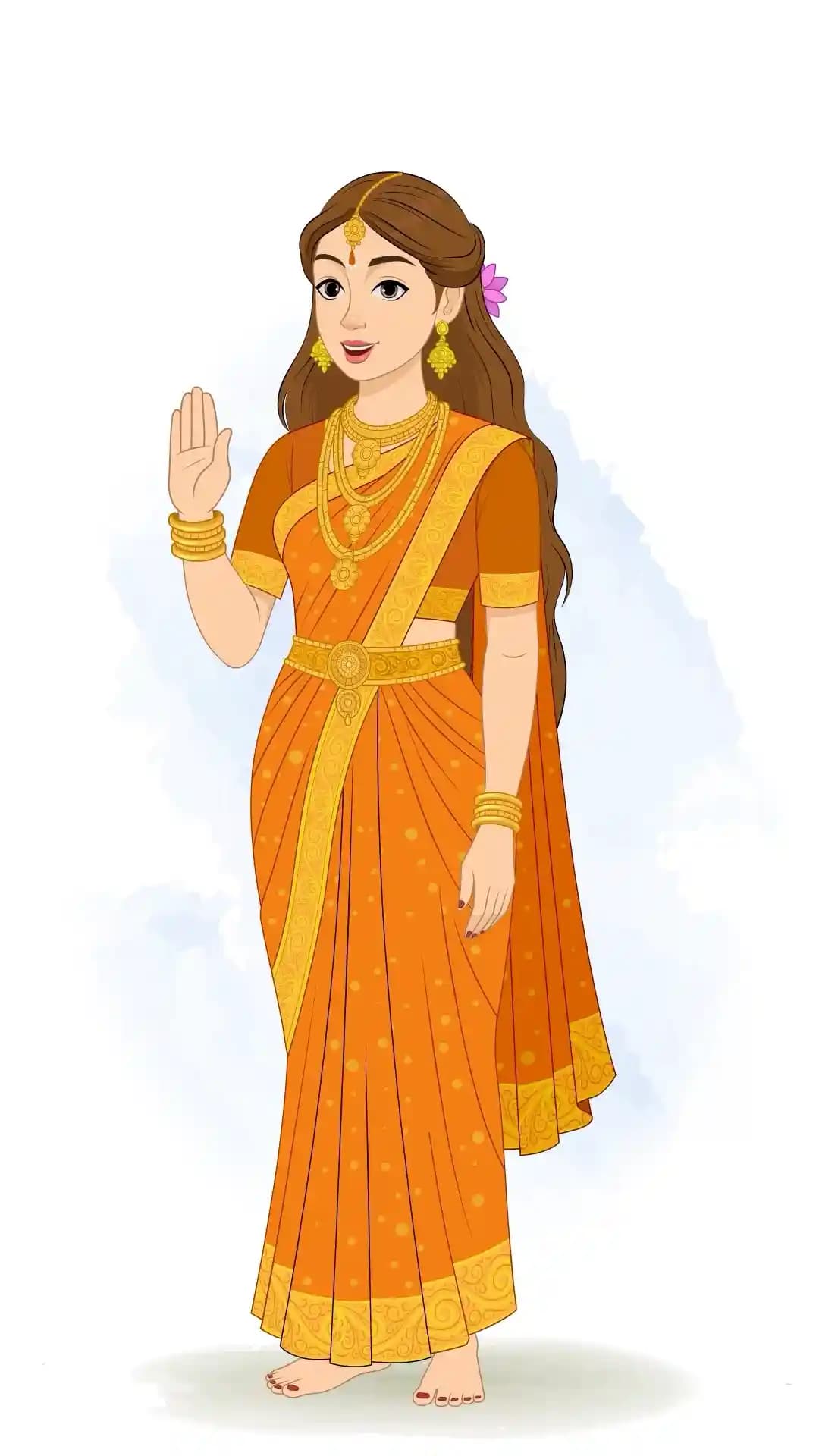 Goddess Parvati adorned in an ornate orange sari and gold jewelry, standing barefoot with right hand raised in a graceful blessing gesture and a gentle, serene smile AKA Maa Parvati
