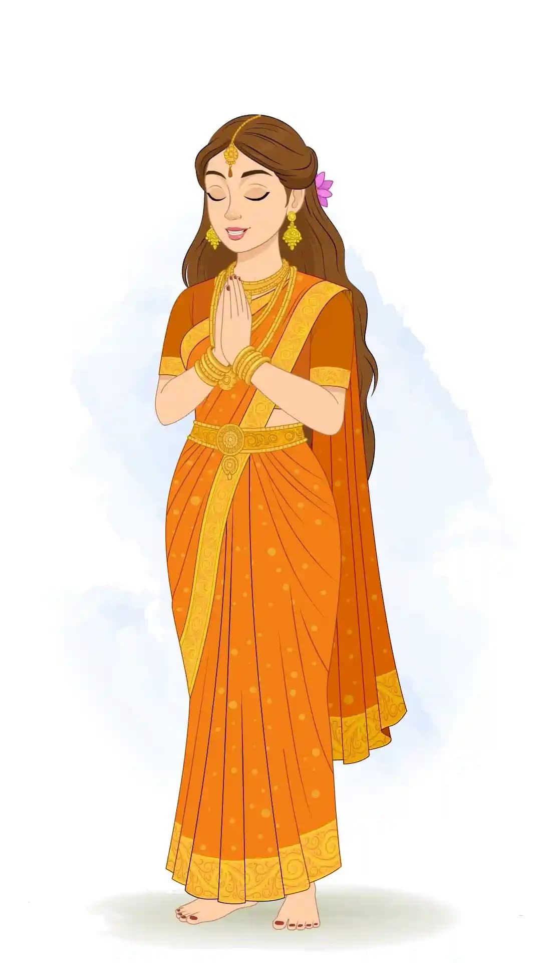 Goddess Parvati in an ornate orange sari and gold jewelry, standing barefoot with eyes closed and hands folded in a respectful pranaam (bow) gesture AKA Maa Parvati