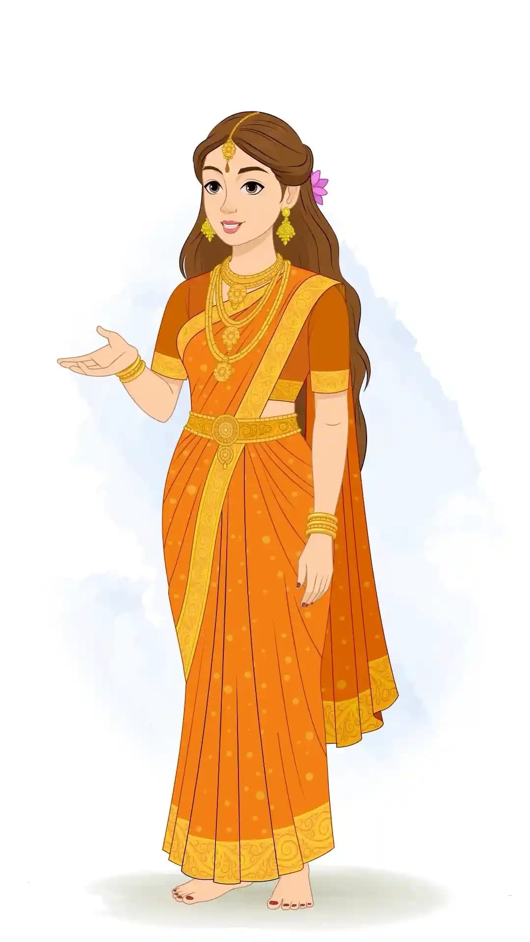 Goddess Parvati in an ornate orange sari and gold jewelry stands barefoot with one hand extended in a gentle talking gesture and a warm, expressive smile AKA Maa Parvati
