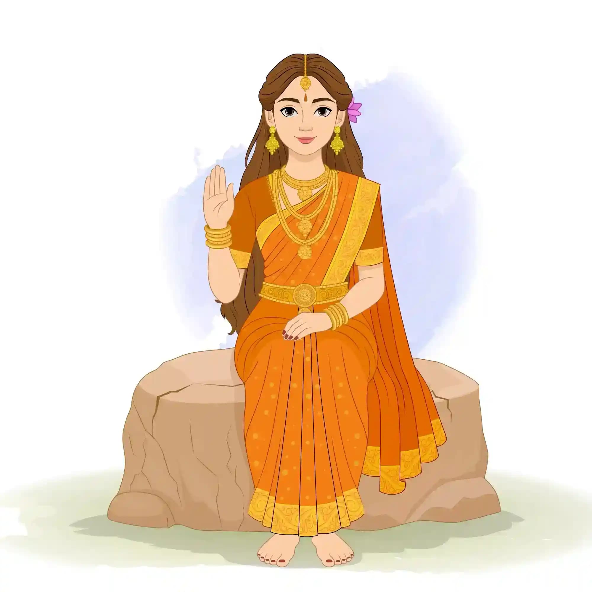 Goddess Parvati clad in an ornate orange sari and gold jewelry sits gracefully on a carved stone, barefoot, with her right hand raised in a blessing gesture and a serene, compassionate expression AKA Maa Parvati