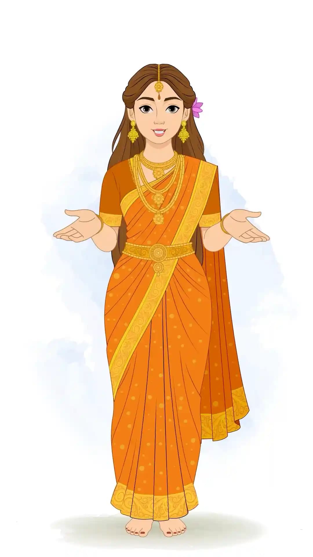 Goddess Parvati standing frontally in an ornate orange sari and gold jewelry, barefoot, with both hands extended outward in a gentle talking gesture and a warm smile AKA Maa Parvati