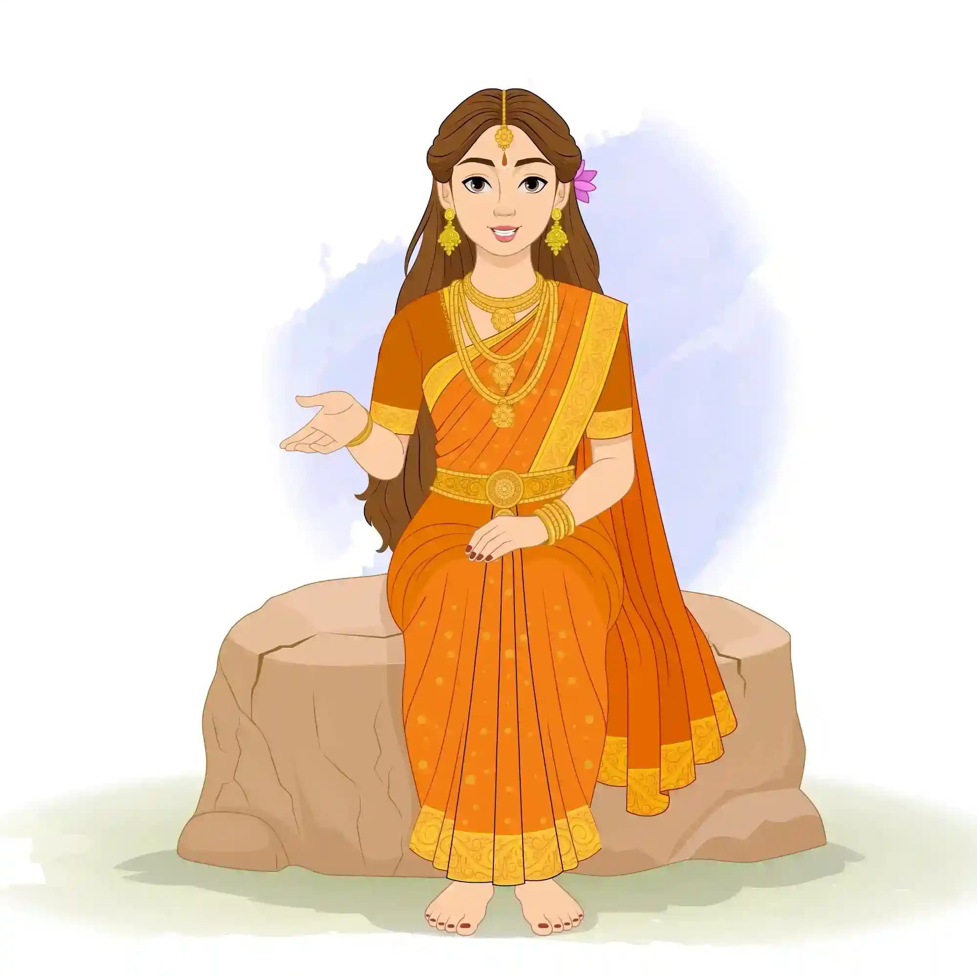 Goddess Parvati in an ornate orange sari and gold jewelry sits gracefully on a carved stone, barefoot, with one hand extended in a gentle talking gesture and a warm, expressive smile AKA Maa Parvati