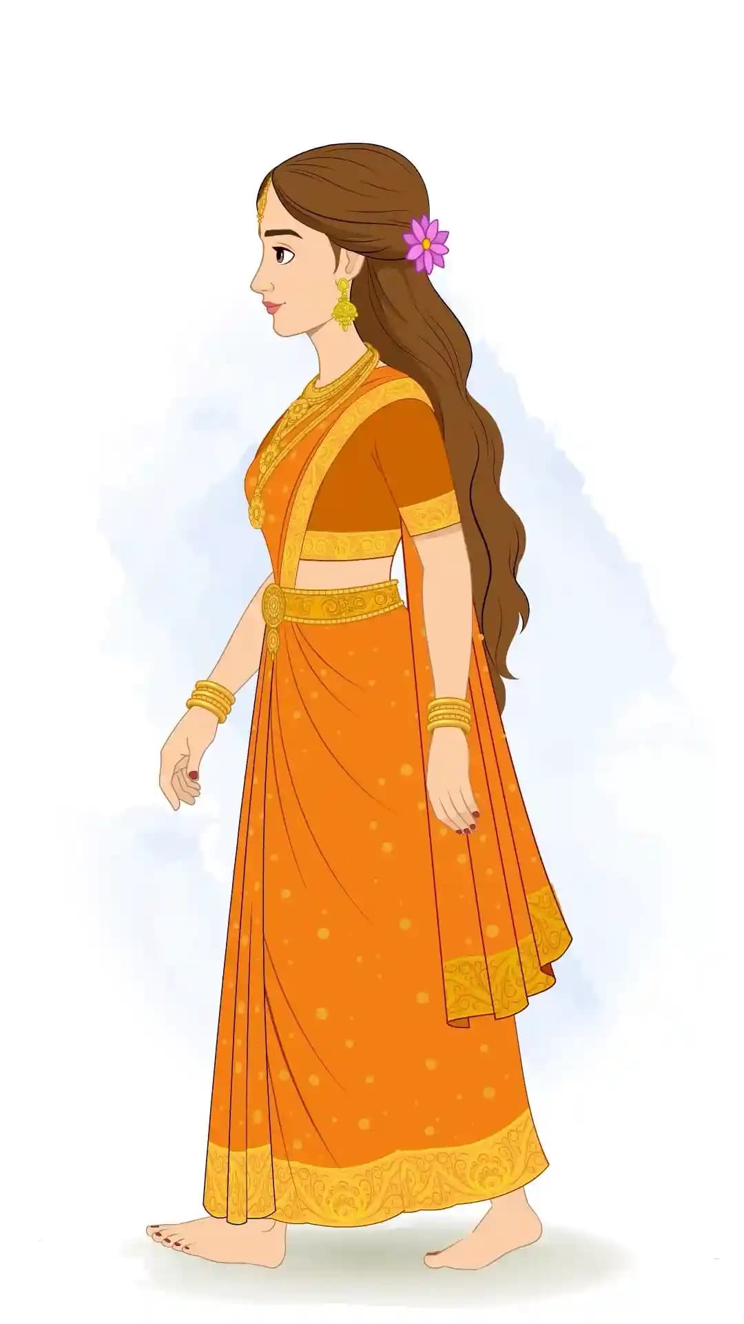 Goddess Parvati in an ornate orange sari and gold jewelry is depicted in profile walking gracefully to the right, one foot forward and arms swinging gently AKA Maa Parvati