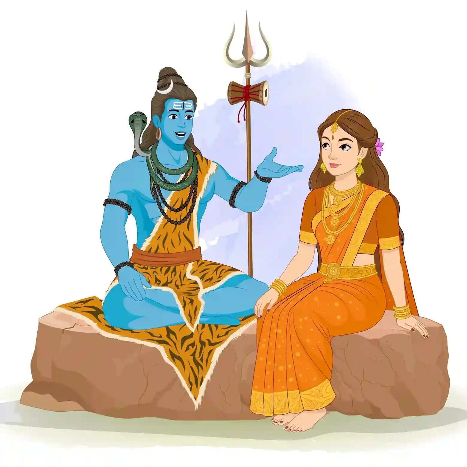 Goddess Parvati in an ornate orange sari and gold jewelry sits barefoot on a rocky ledge beside Lord Shiva—blue-skinned, draped in tiger skin, seated cross-legged with his trident behind him—as they engage in a gentle, animated conversation AKA Maa Parvati