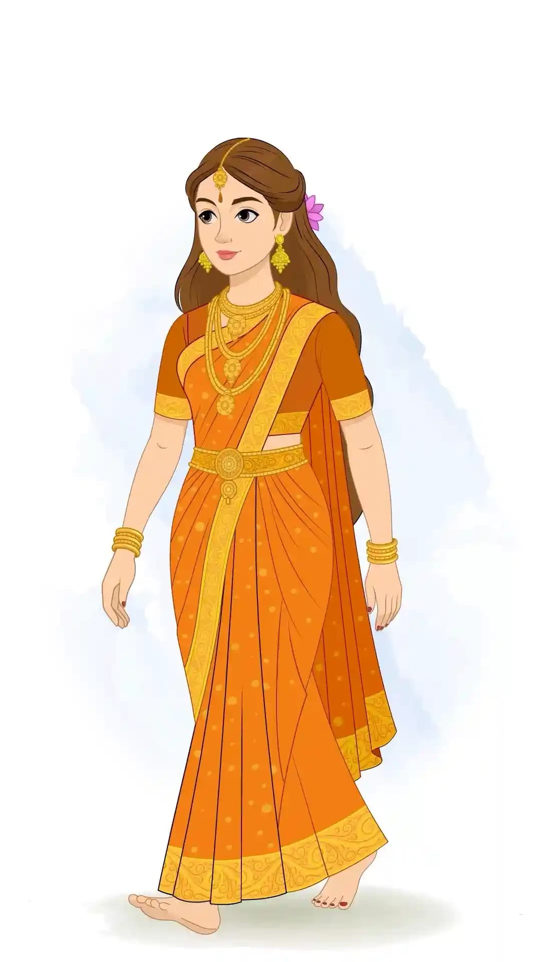 Goddess Parvati in an ornate orange sari and gold jewelry is depicted in a three-quarter front view, walking gracefully with one foot forward and arms swinging naturally AKA Maa Parvati