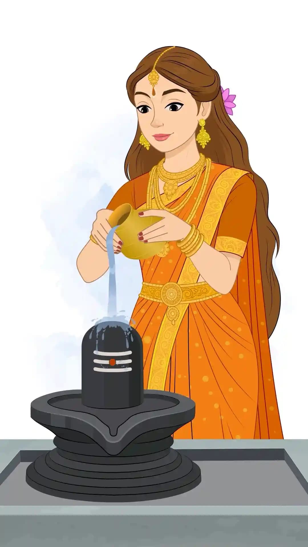Goddess Parvati in an ornate orange sari and gold jewelry stands barefoot at a stone altar, pouring water from a brass pot over a black Shiva Lingam with reverence AKA Maa Parvati