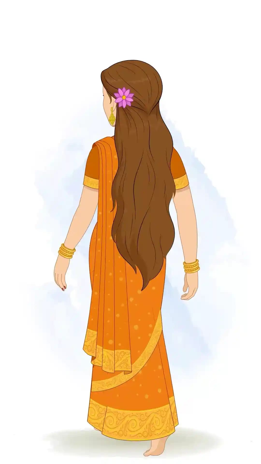Goddess Parvati in an ornate orange sari and gold jewelry is shown from a three-quarter rear view, walking gracefully to the left with one foot lifted and her long hair flowing down her back AKA Maa Parvati