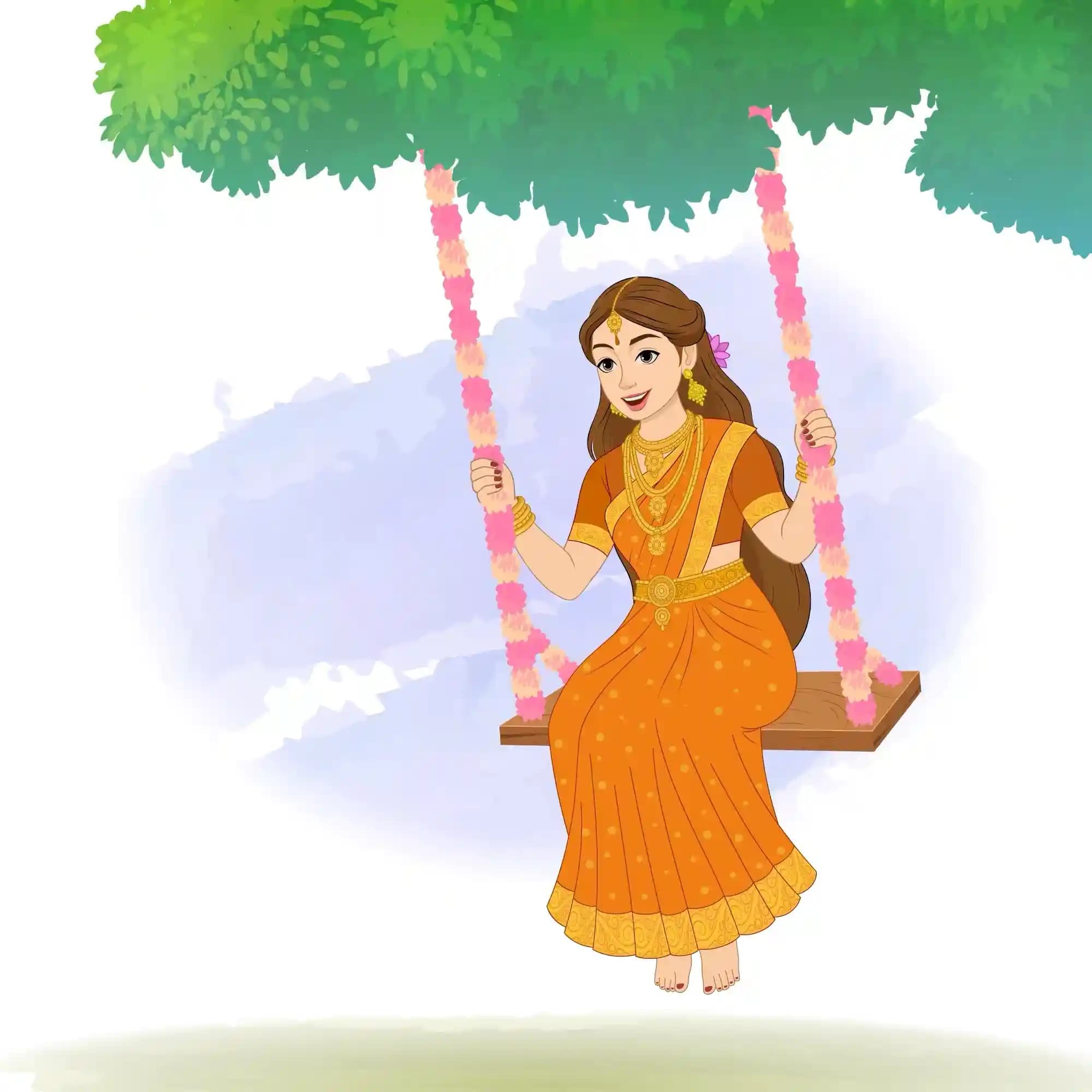Goddess Parvati in an ornate orange sari and gold jewelry sits barefoot on a floral-garlanded wooden swing suspended from a leafy tree, smiling joyfully as she gently rocks back and forth AKA Maa Parvati