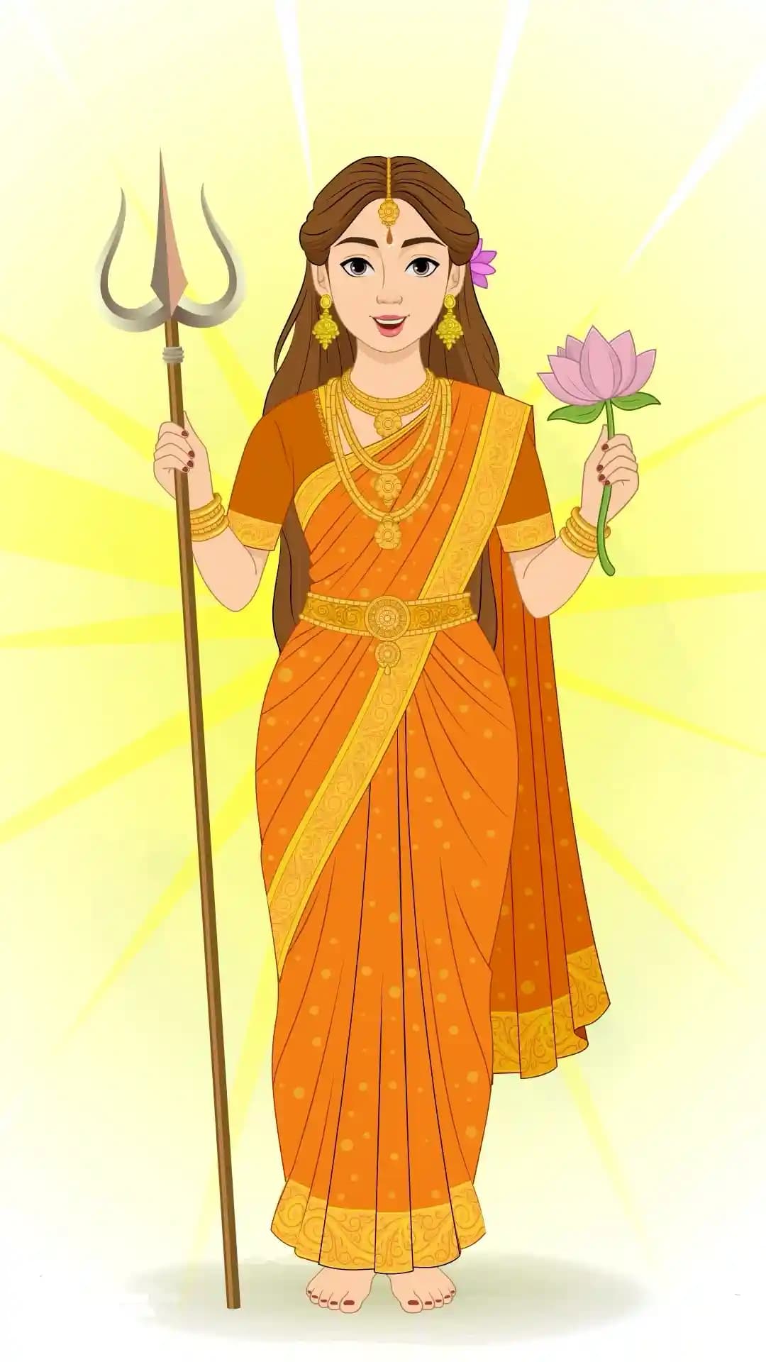 Goddess Parvati stands frontally in an ornate orange sari and gold jewelry, barefoot, holding a tall trident in her right hand and a pink lotus in her left, with radiant light emanating behind her AKA Maa Parvati
