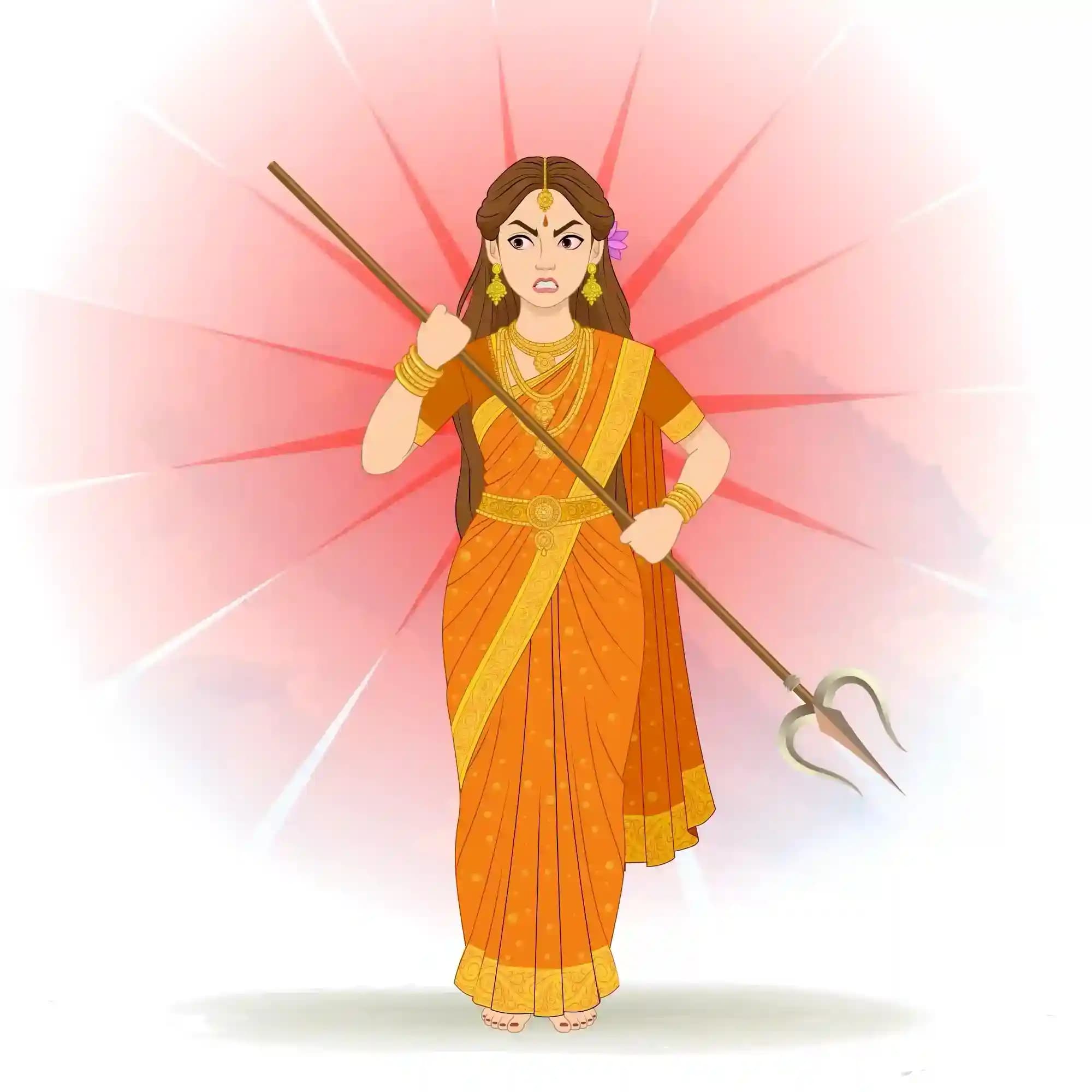 Goddess Parvati stands frontally in an ornate orange sari and gold jewelry, gripping a long trident with both hands, eyes narrowed and teeth bared in an expression of righteous anger, against a red radiating backdrop AKA Maa Parvati