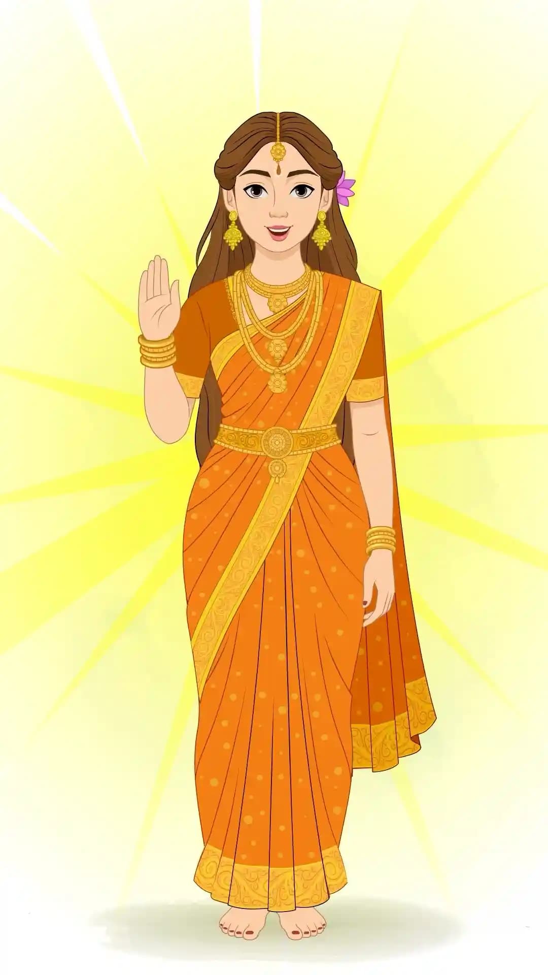 Goddess Parvati stands frontally in an ornate orange sari and gold jewelry, barefoot, with her right hand raised in a blessing gesture against a radiant yellow halo backdrop AKA maa Parvati