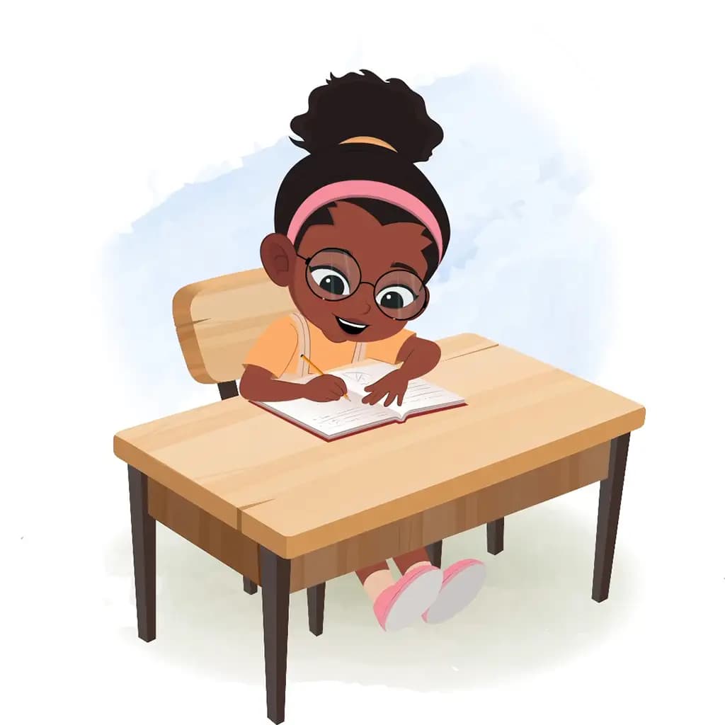 A cute black girl doing homework and sitting on the table animated cartoon character aka lara