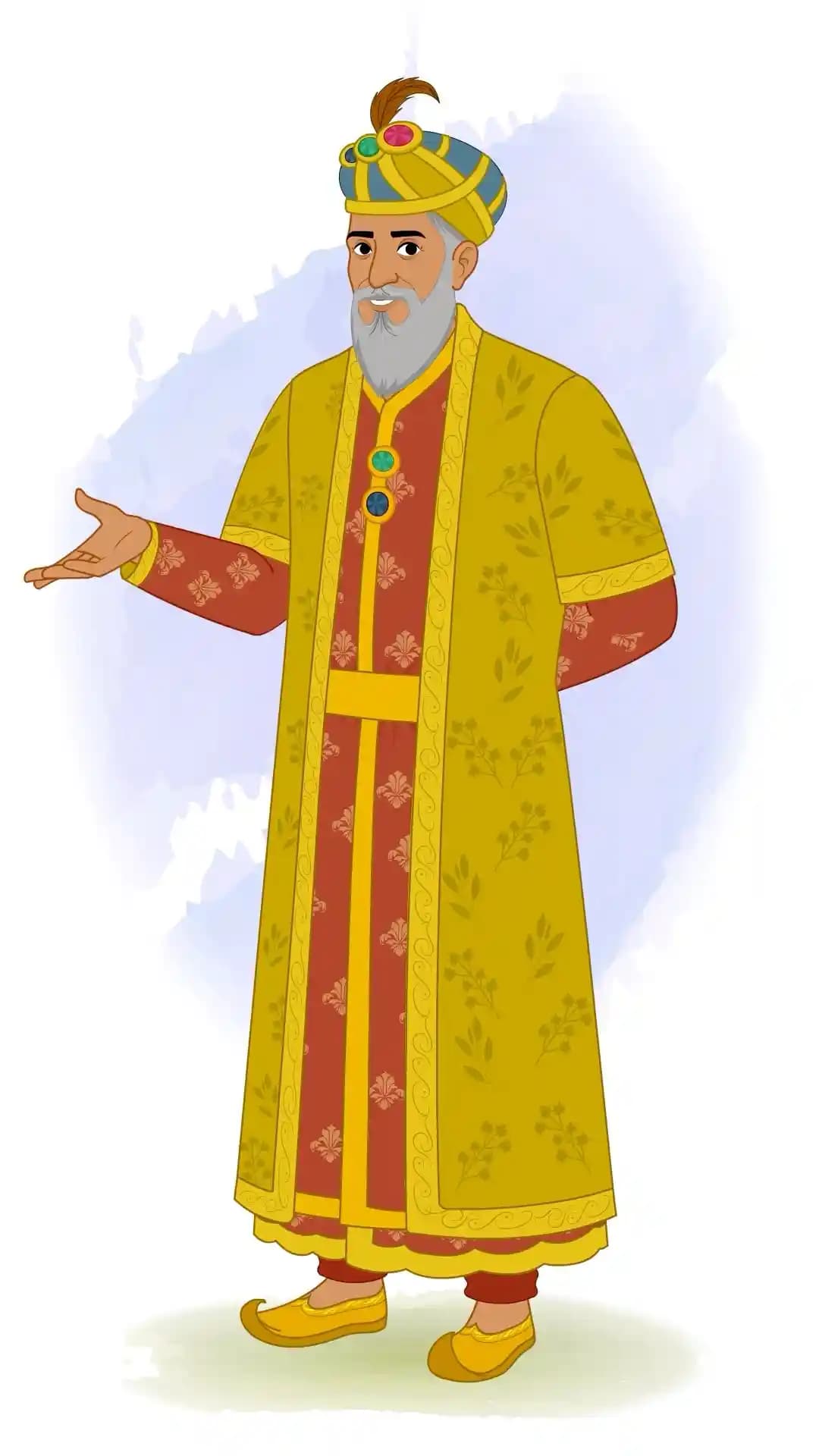 Animated vector cartoon of Emperor Babur in a three-quarter view speaking, wearing regal Mughal robes and turban, right hand gesturing AKA Babur