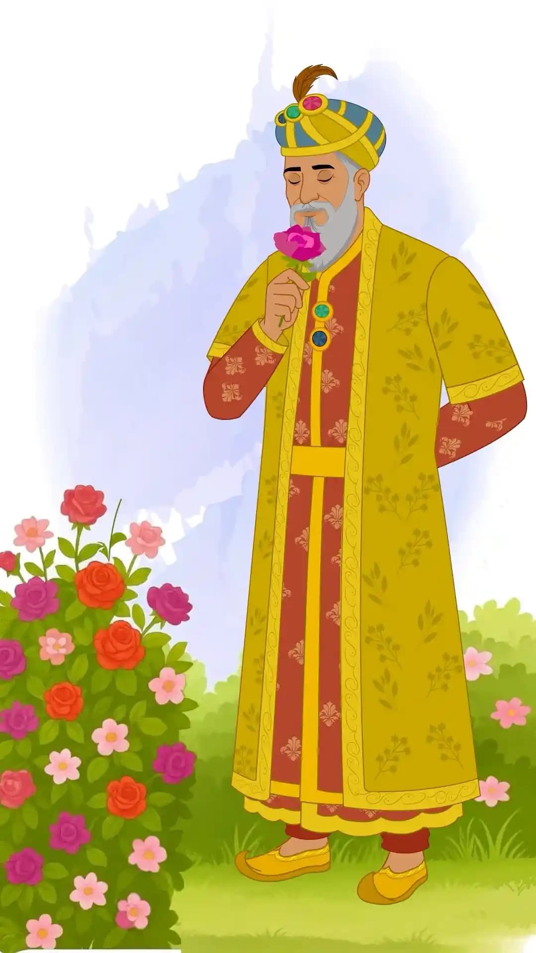 Animated vector illustration of a Mughal sultan in regal attire plucking a rose from a blooming garden bush AKA Babur