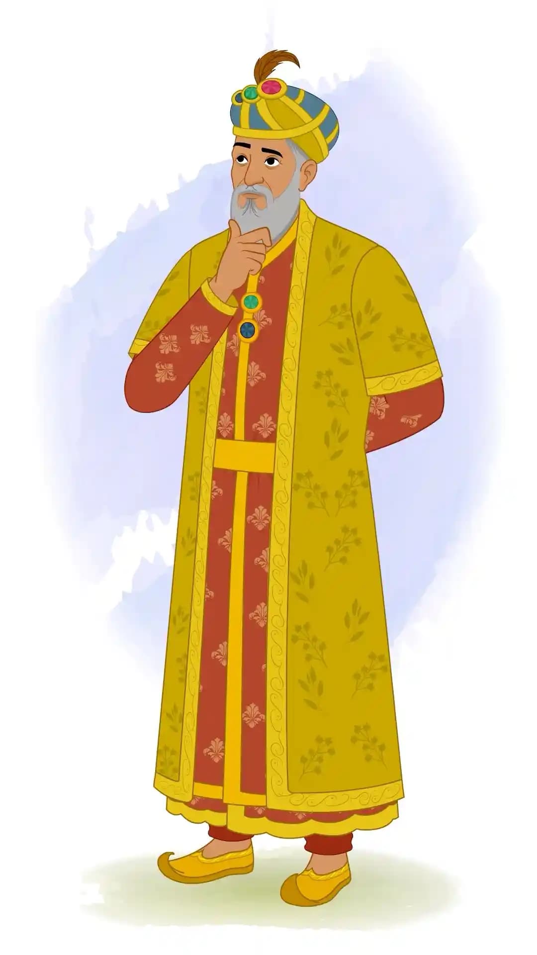 Animated vector cartoon of Emperor Babur standing in a three-quarter view with hand on chin, looking up thoughtfully in ornate Mughal robes and turban AKA Babur