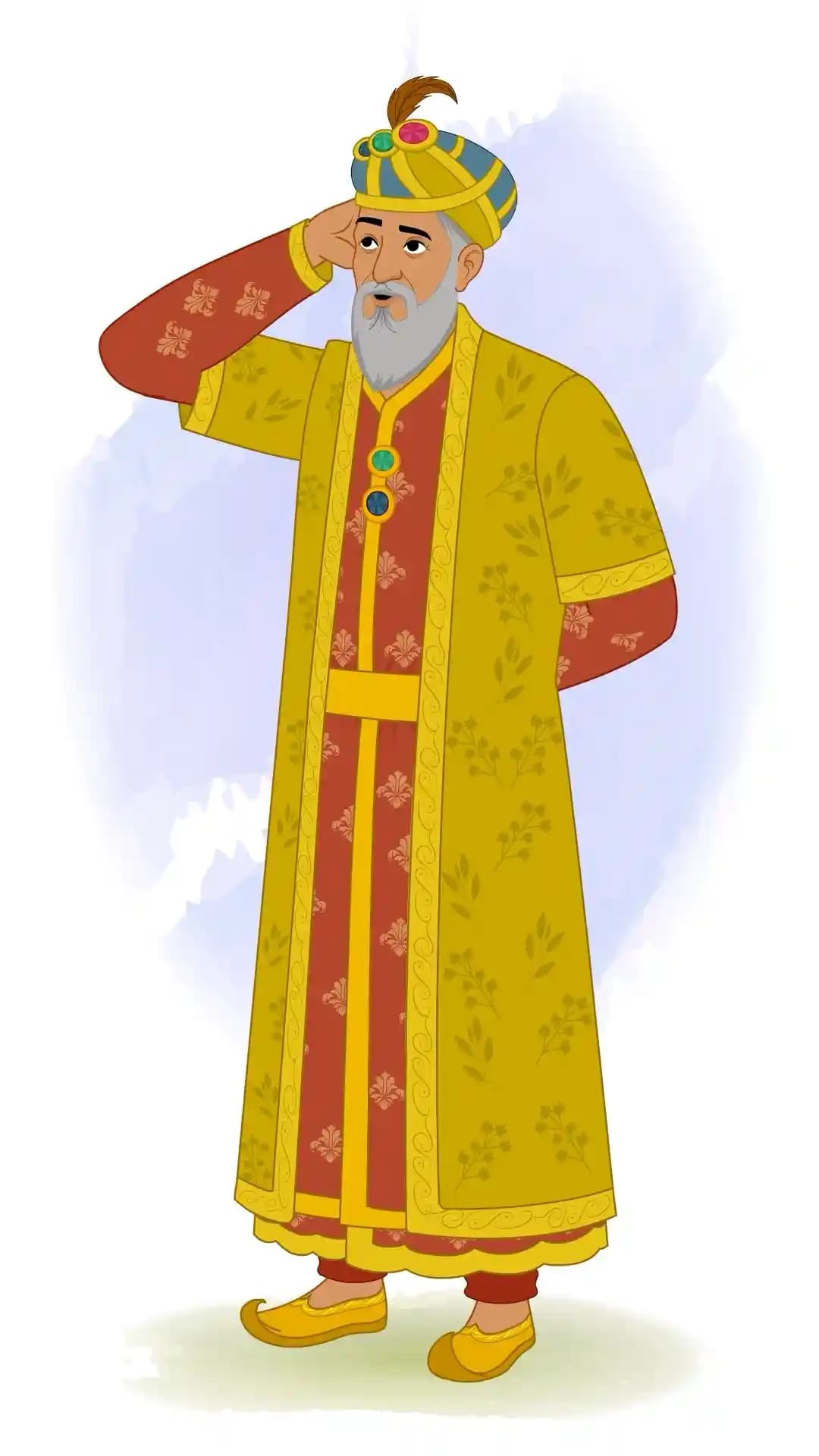 Animated vector cartoon of Emperor Babur in a three-quarter view, scratching his head with a perplexed expression, dressed in ornate Mughal robes and a jeweled turban AKA babur