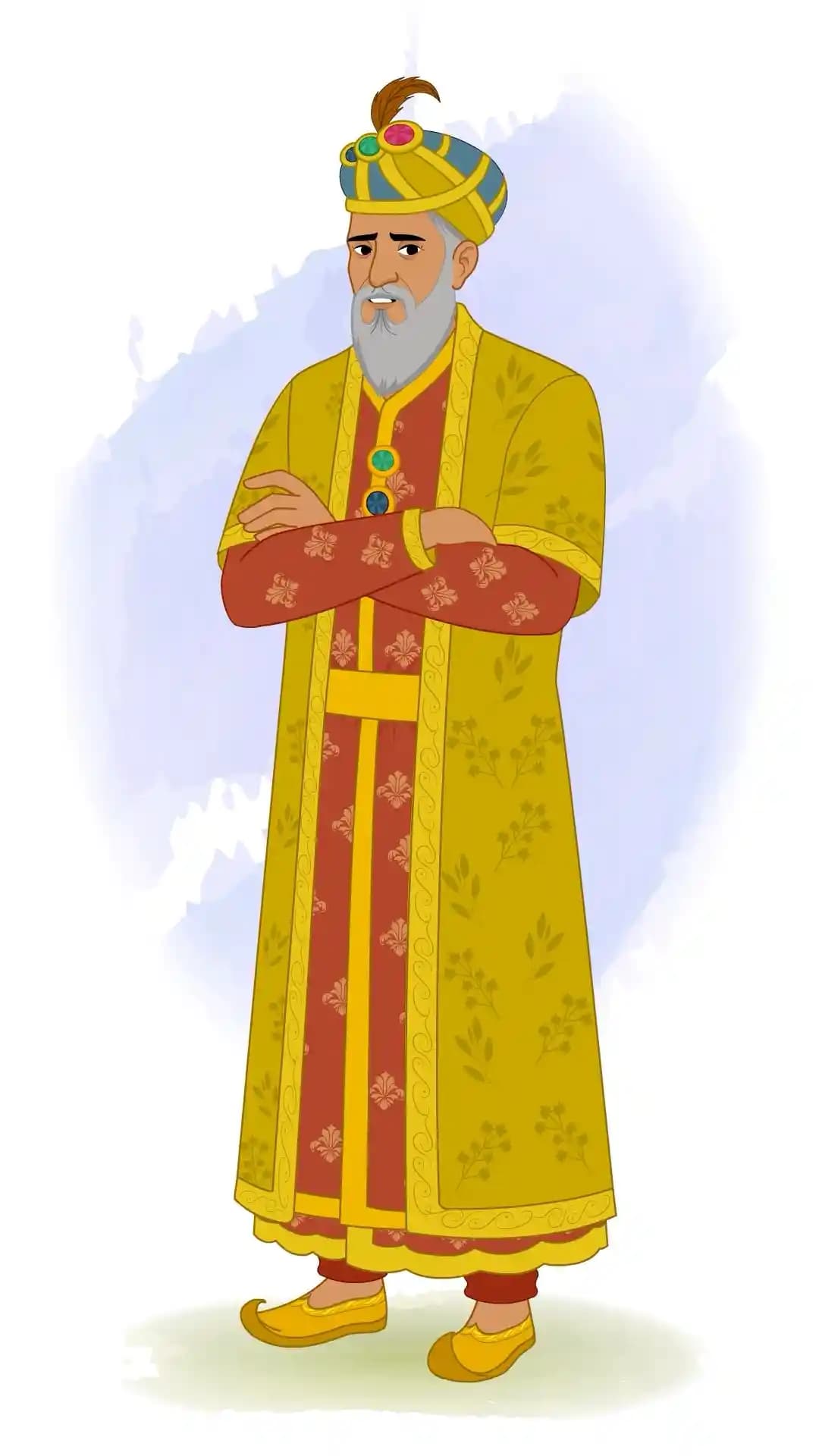 Animated vector cartoon of Emperor Babur in a three-quarter view with arms crossed and an irritated expression, wearing ornate Mughal robes and a jeweled turban AKA babur