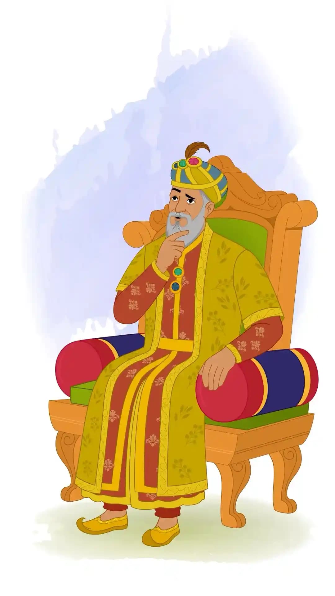 Animated vector cartoon of Emperor Babur sitting on an ornate throne, gesturing forward with a friendly expression, dressed in elaborate Mughal robes and jeweled turban AKA Babur
