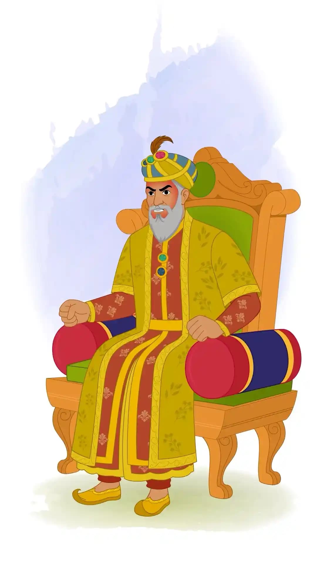 Angry animated vector illustration of Mughal Emperor Babur seated on an ornate throne, fists clenched and expression fierce AKA babur