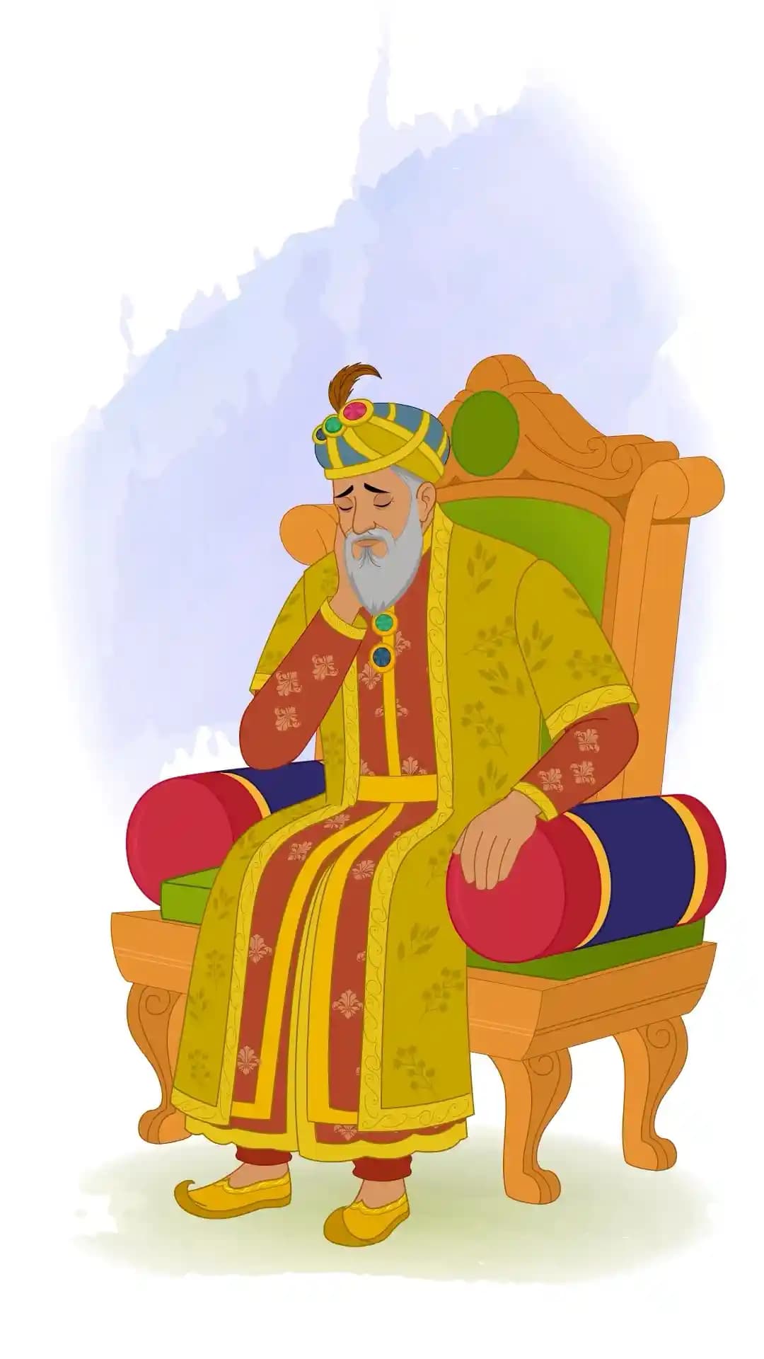 Animated vector illustration of Mughal Emperor Babur seated on an ornate throne, head resting on hand, looking sad AKA babur