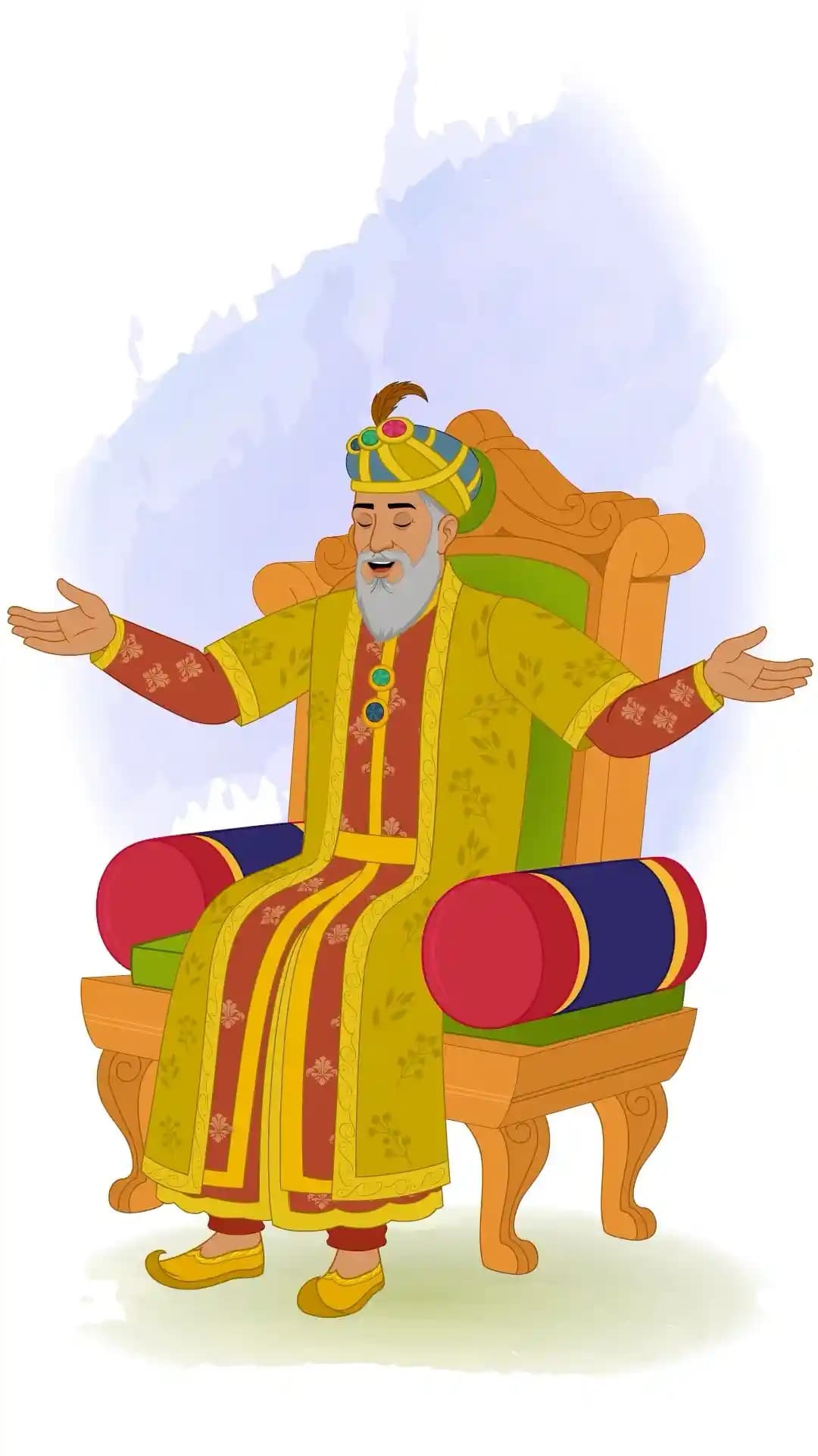 Animated vector illustration of Mughal Emperor Babur seated on an ornate throne, arms open wide, laughing joyfully AKA babur