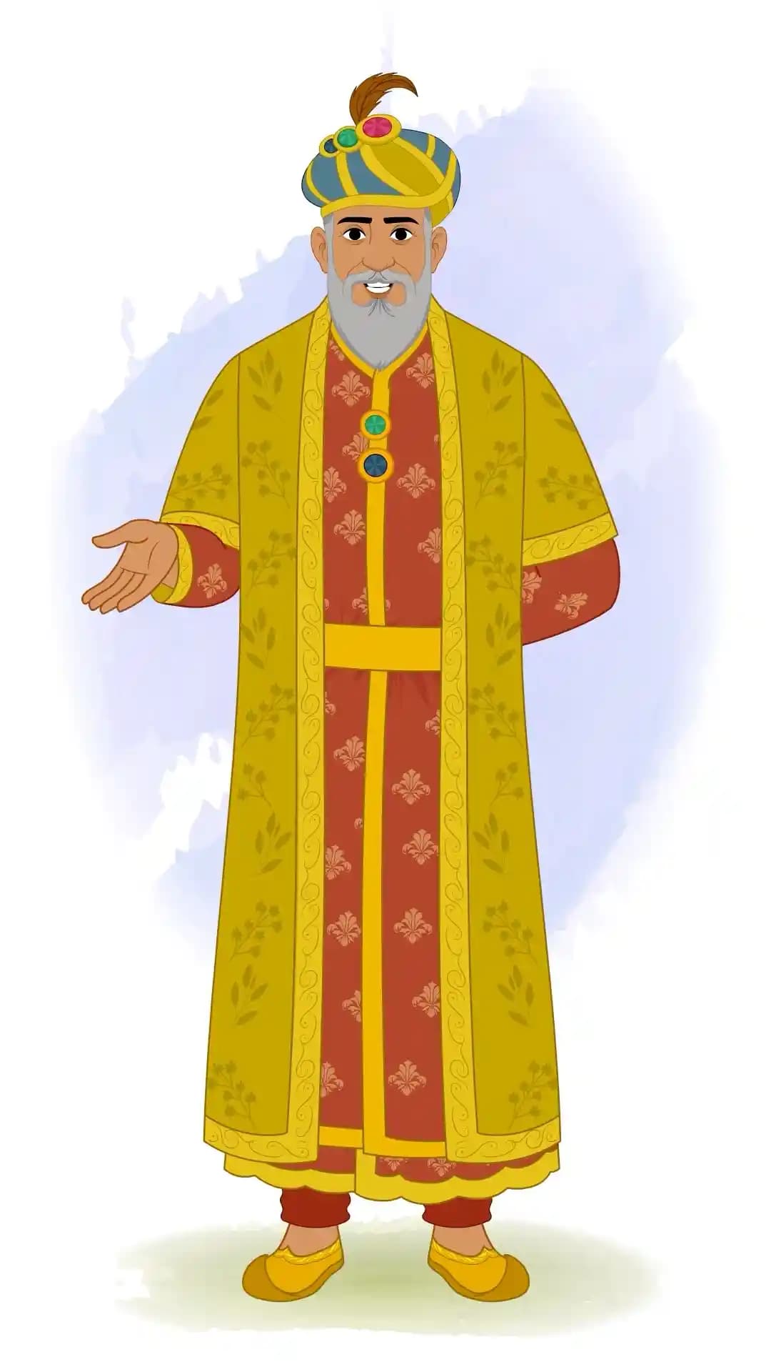 Animated vector illustration of Mughal Emperor Babur standing in a front-facing talking pose with one hand extended AKA Babur
