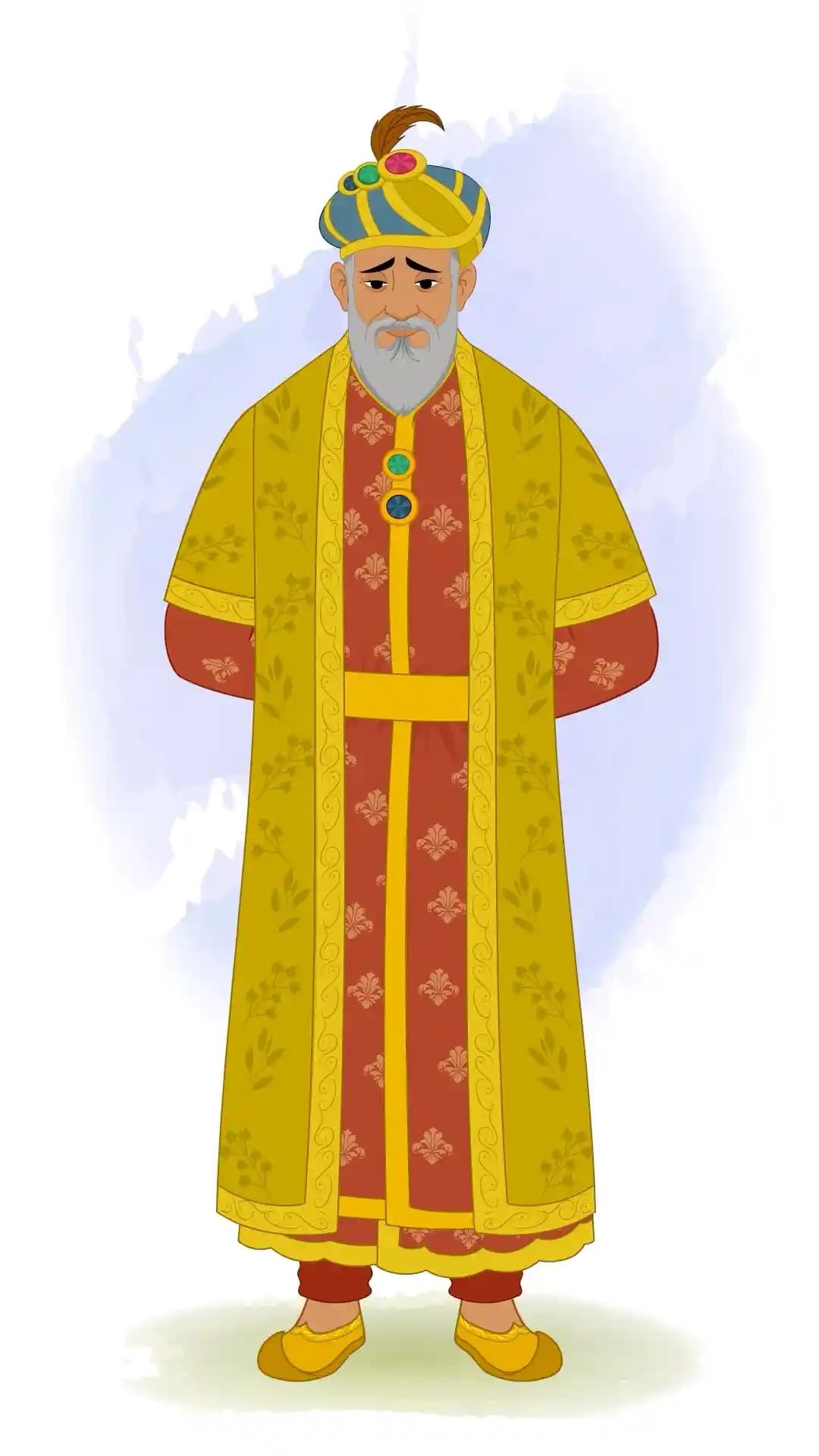 Animated vector illustration of Mughal Emperor Babur standing front-facing with a sad expression and hands behind his back AKA Babur