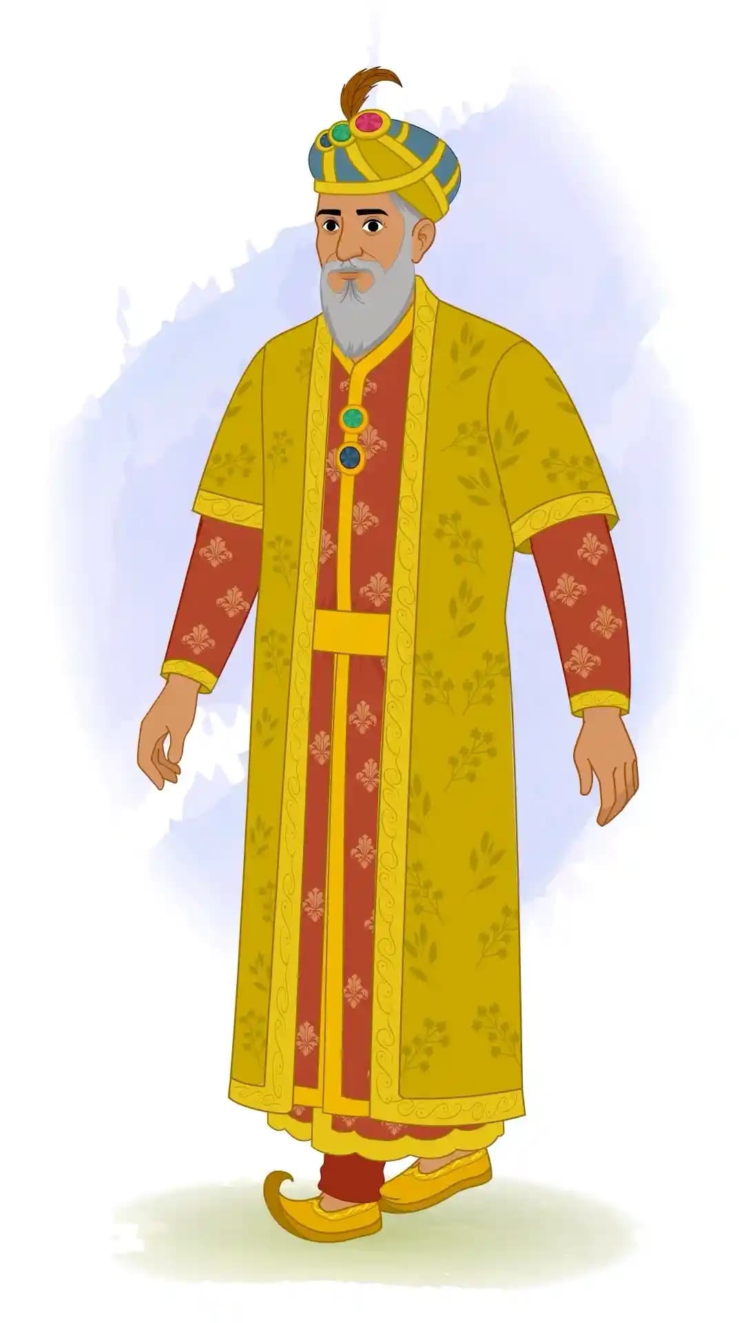 Animated vector illustration of Mughal Emperor Babur walking in a three-quarter front view, wearing royal robes and turban AKA Babur