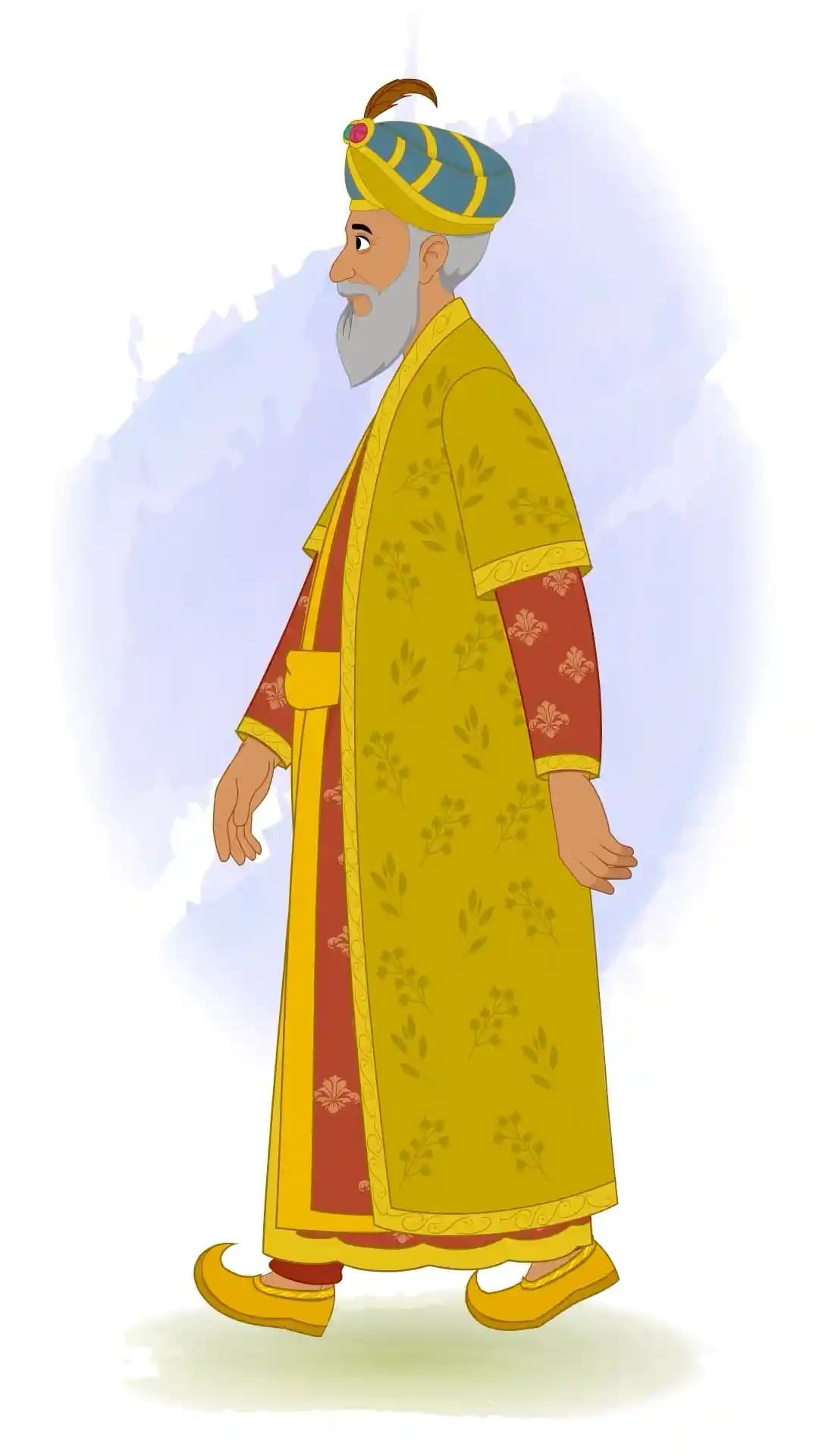 Animated vector illustration of Mughal Emperor Babur walking in side view, wearing royal robes and a jeweled turban AKA Babur