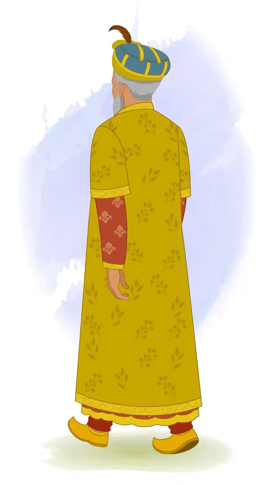 Animated vector illustration of Mughal Emperor Babur walking away in a back three-quarter view, wearing regal robes and a jeweled turban AKA Babur