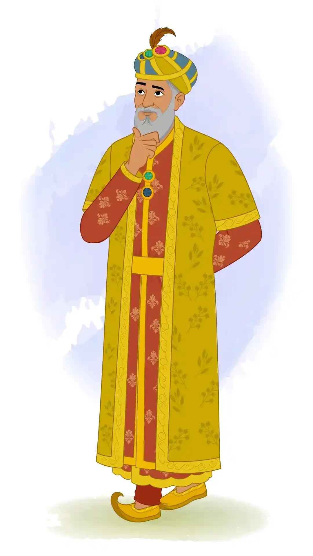 Animated vector illustration of Mughal Emperor Babur walking thoughtfully in a three-quarter view with hand on chin, wearing imperial robes and a jeweled turban AKA Babur