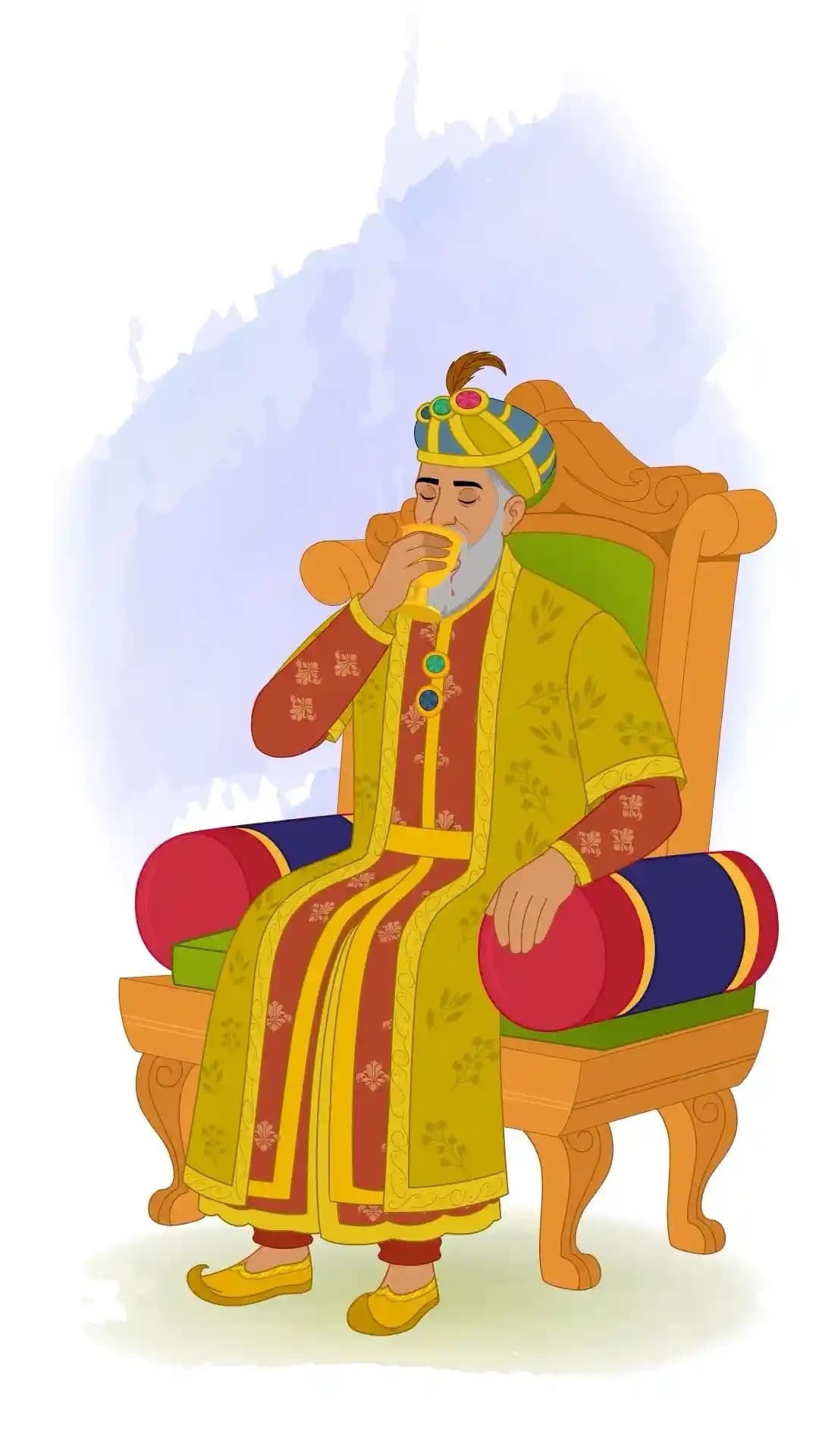 Animated vector illustration of a royal sultan seated on a throne, gracefully sipping wine from a goblet in traditional Mughal attire AKA Babur