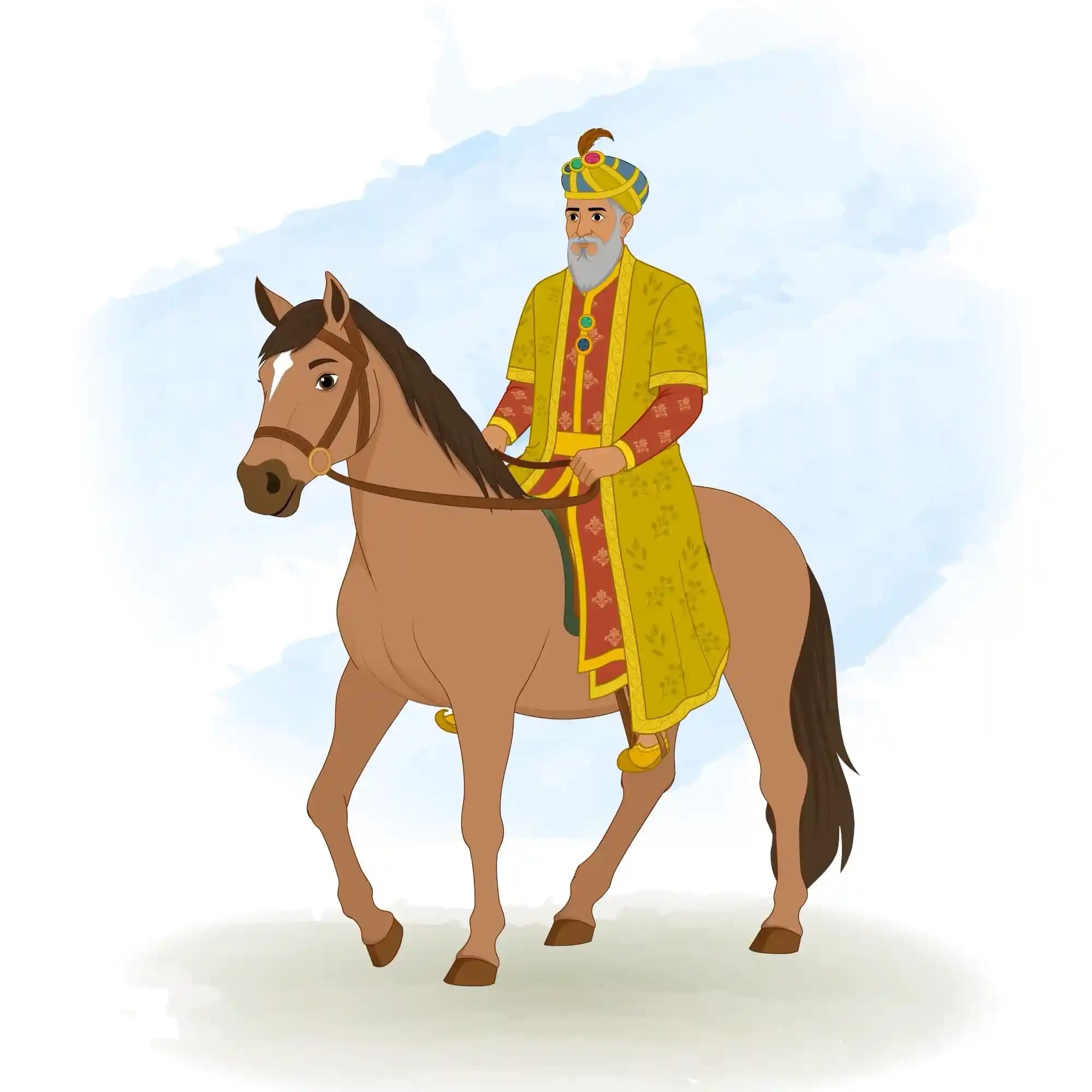 Animated vector illustration of a majestic sultan in ornate Mughal robes riding a horse in profile view AKA Babur
