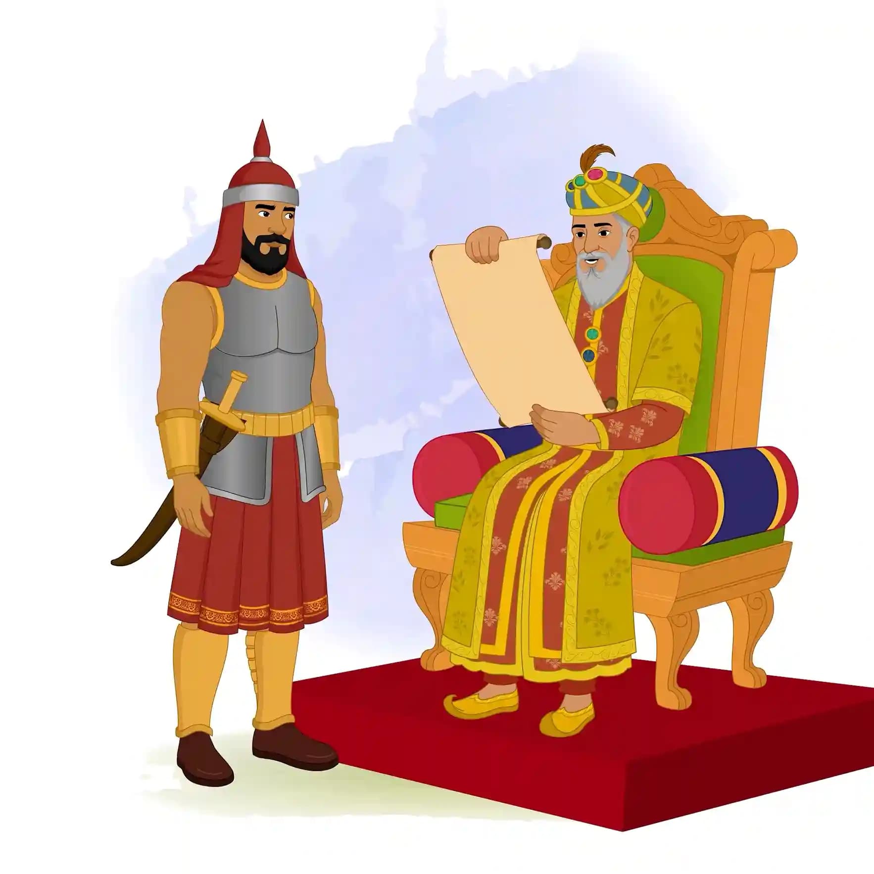 Animated vector illustration of a Mughal sultan seated on his throne reading a parchment scroll while a loyal armored guard stands attentively beside him AKA Babur