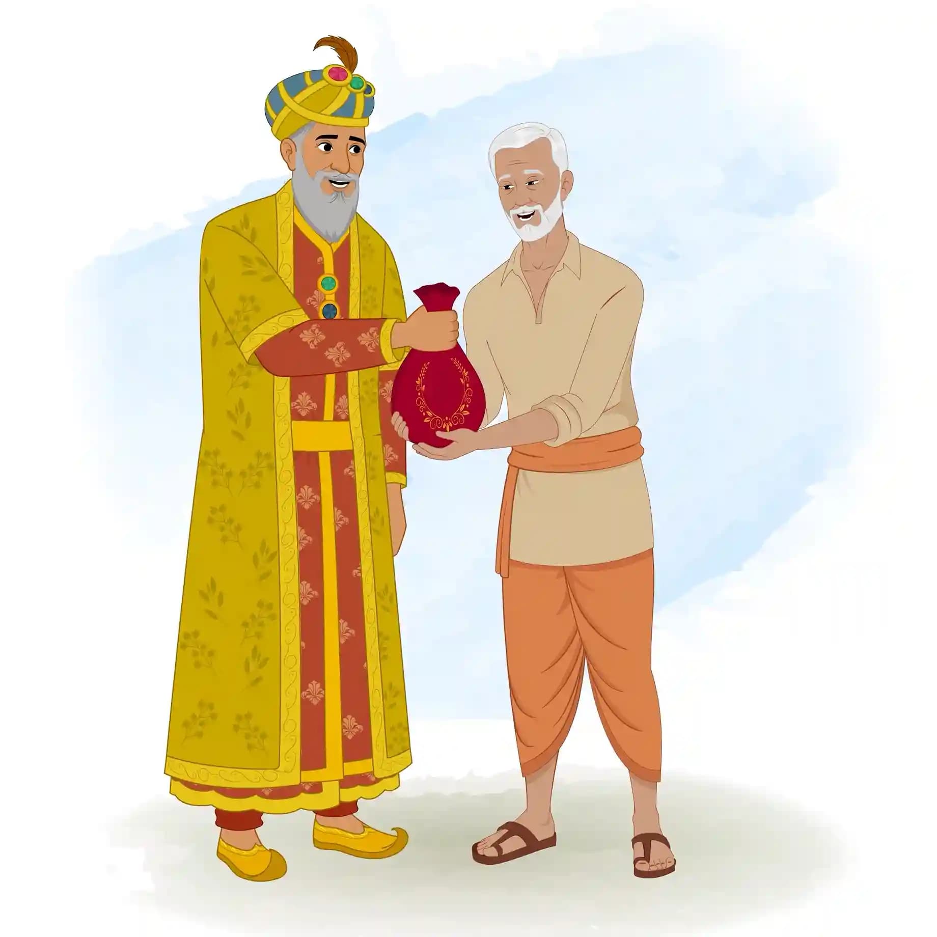 Vector cartoon of a Mughal emperor handing a red potli of gold coins to a grateful rural villager AKA Babur