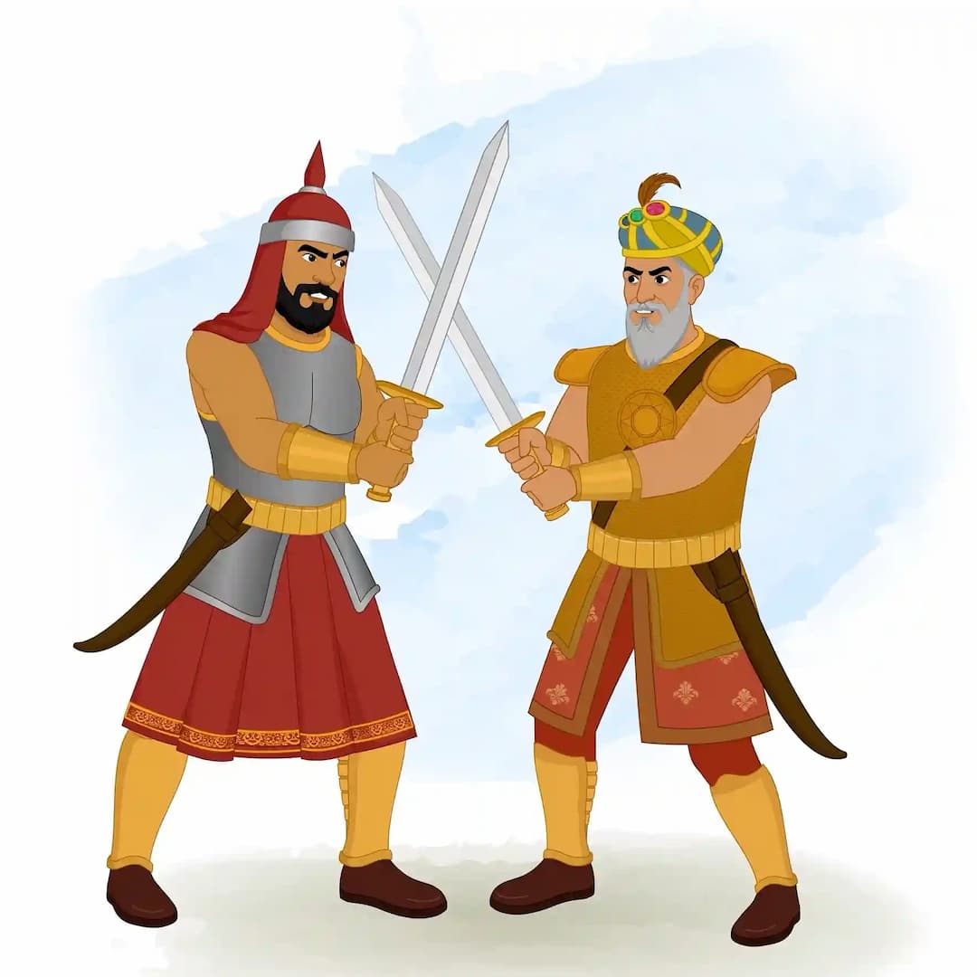 Vector illustration of a Mughal emperor and his armored general crossing swords in a training drill AKA babur
