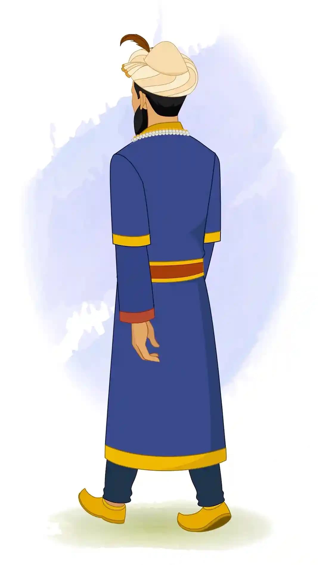 Vector illustration of Emperor Humayun walking away in a three-quarter back view, wearing a blue and gold robe and pearl-studded turban AKA humayun