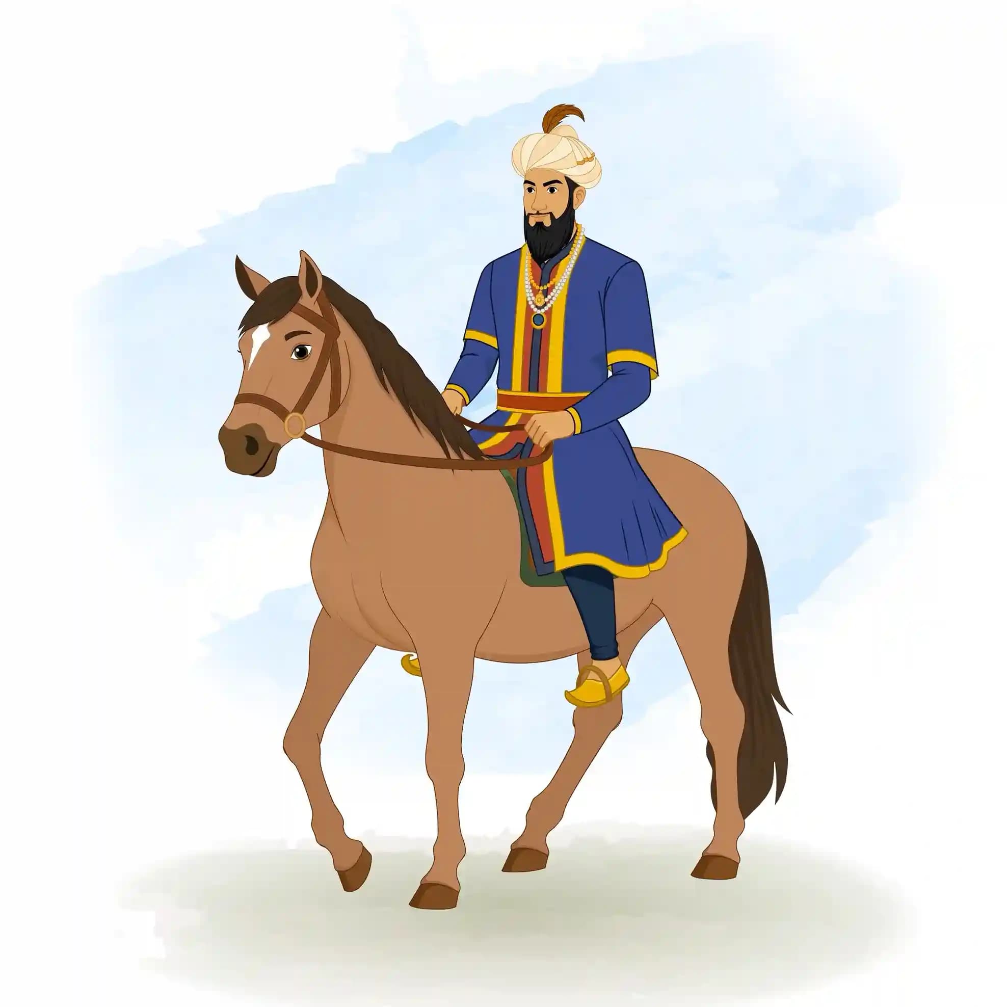 Animated vector illustration of Emperor Humayun mounted on a horse in side profile, wearing regal blue-and-gold robes and a pearl-studded turban, reins in hand as he rides forward AKA Humayun