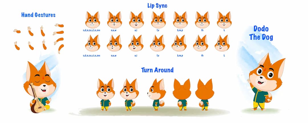 A little dog cartoon character construction/model sheet aka dodo the dog