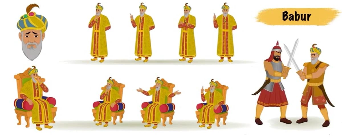 Mughal emperor babur animated vector cartoon character model sheet AKA Babur