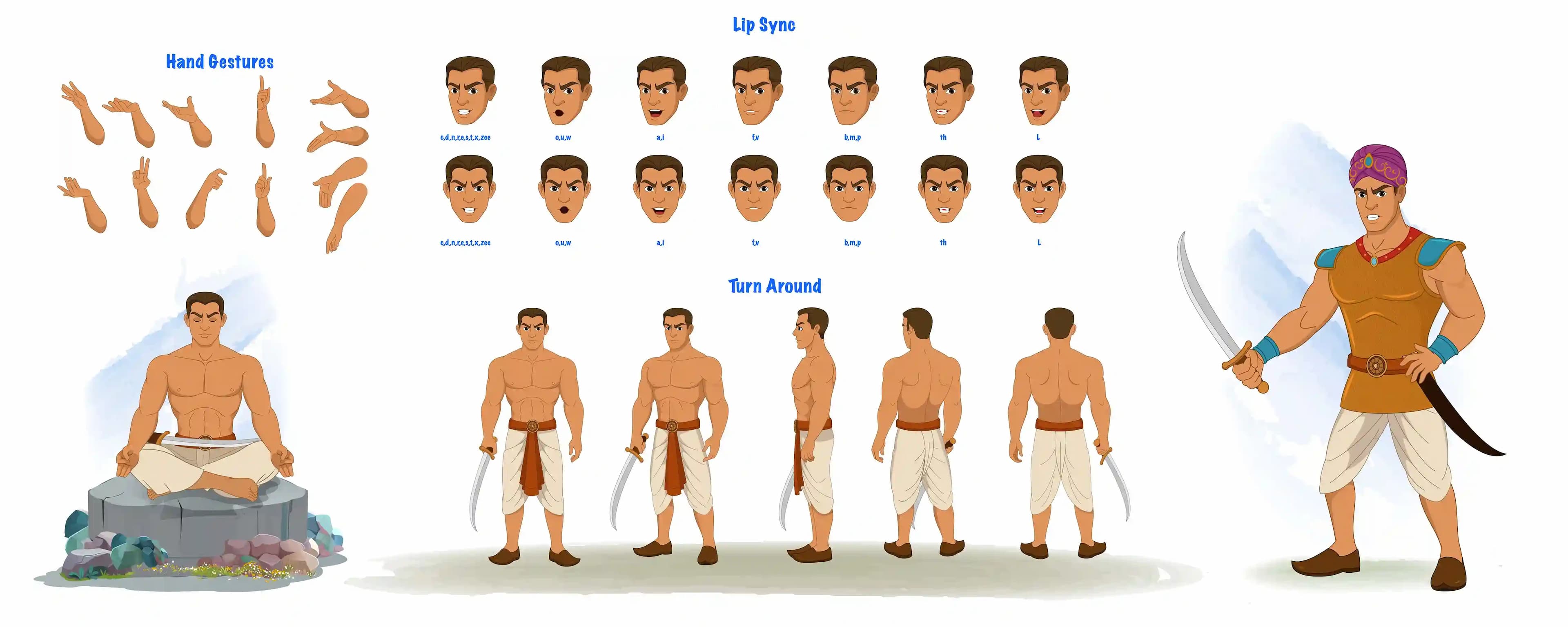 A muscular Indian warrior model sheet illustration with hand gesture and lip sync & character vector construction set AKA Shoorsen