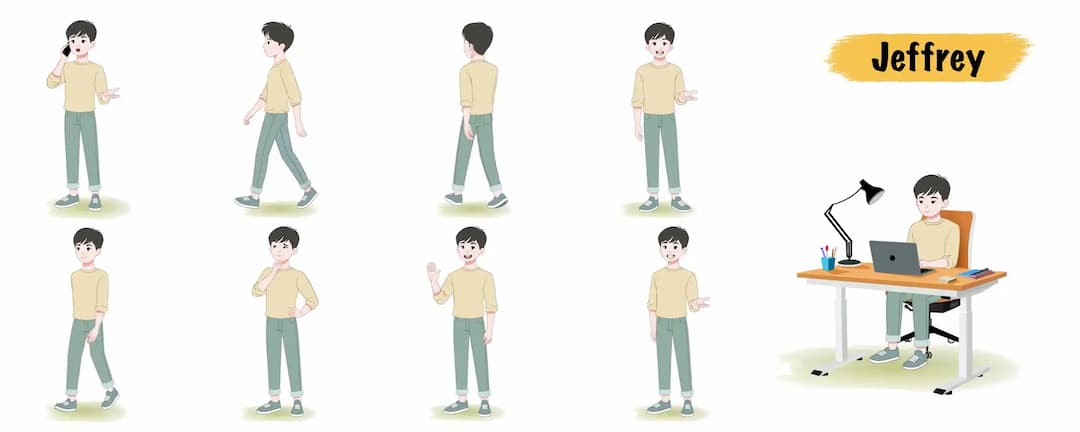 Cute young boy animated vector cartoon character model sheet AKA Jeffrey