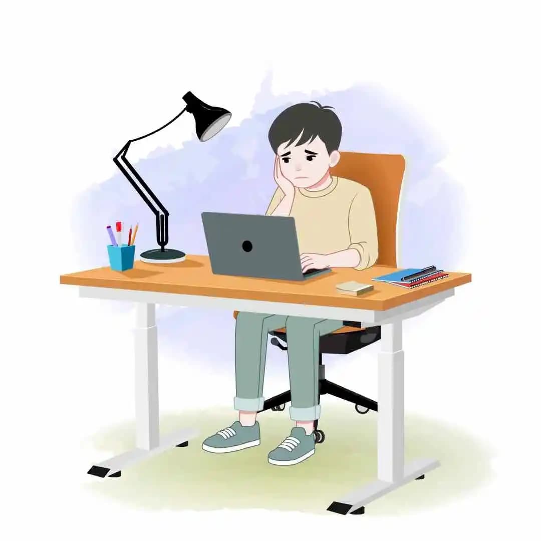 A cute young boy sadly sitting at a desktop with laptop animated vector cartoon character AKA Jeffrey