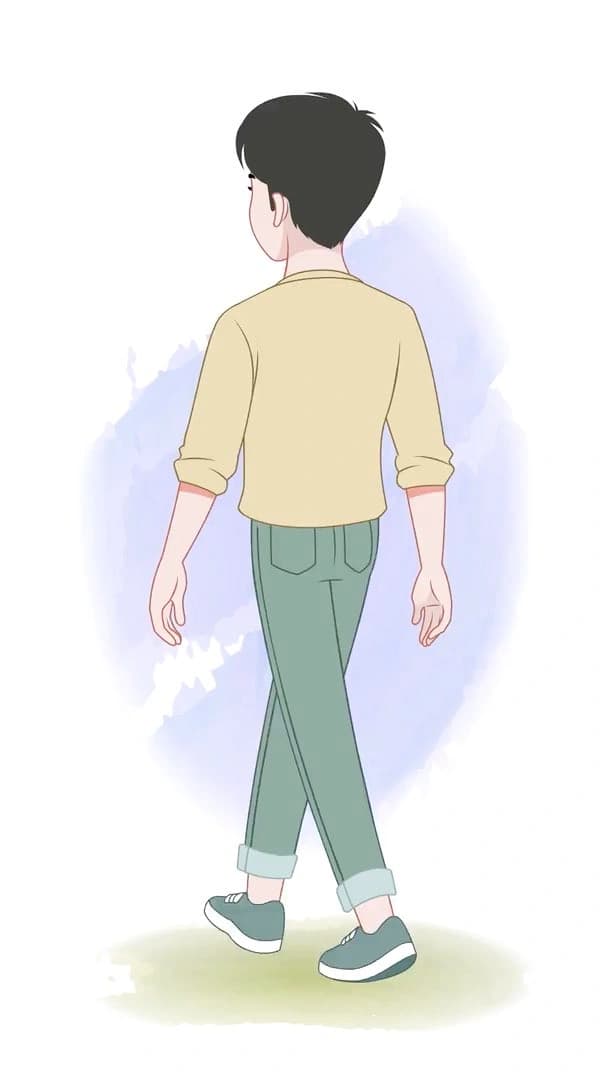 A cute young boy walking in back third view animated vector cartoon character AKA Jeffrey