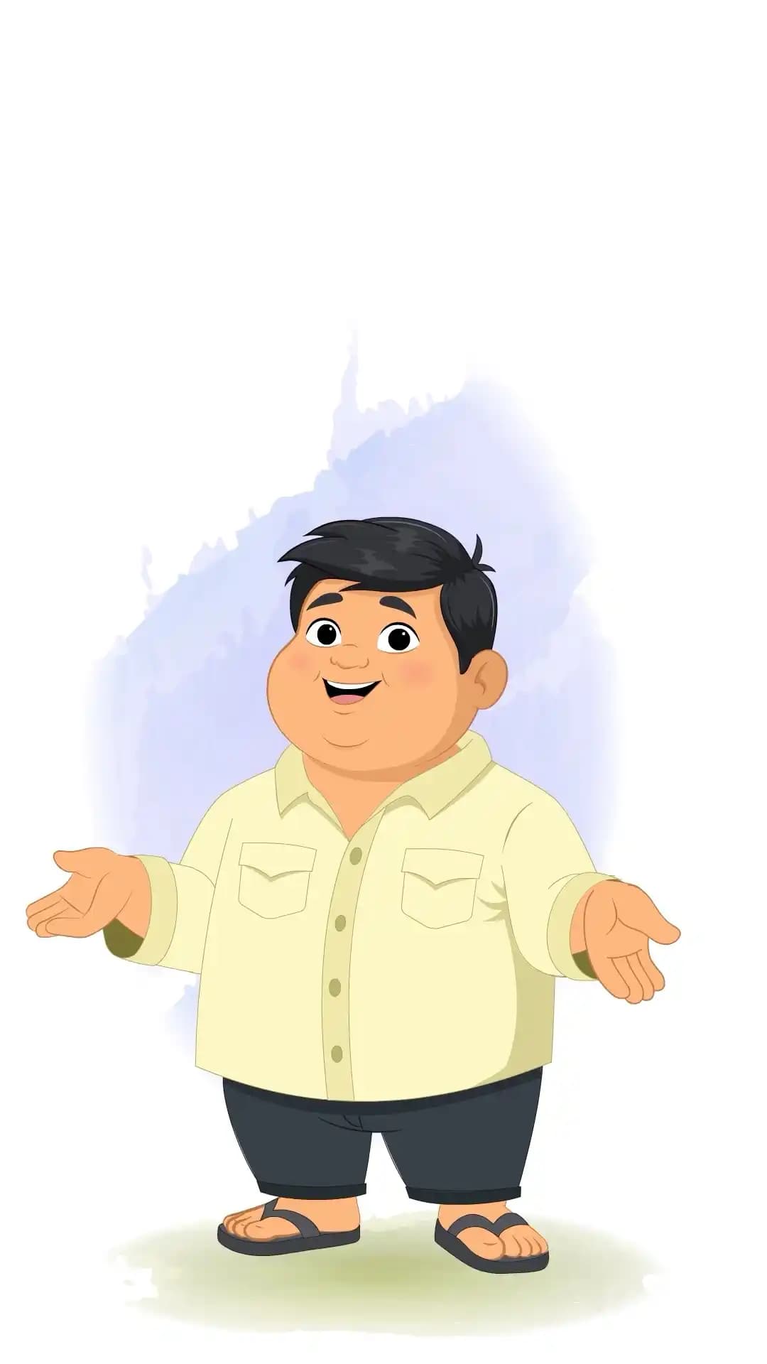 A cute chubby Indian boy in a light cream shirt and dark pants stands in a three-quarter (1/3) view, smiling and talking with both hands open in a welcoming gesture; vector cartoon style with flip-flops AKA monti