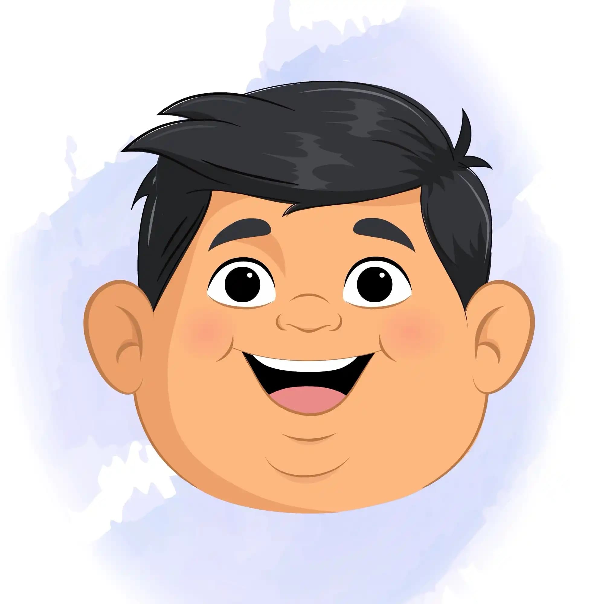 Still illustration facial expression set of a cute chubby Indian boy character showing multiple emotions—happy,laughing,smiling,sad,crying,angry,annoyed,confused,thinking,surprised,shocked,scared,worried,sleepy,bored,proud—from a front view,vector and animation-ready AKA Monti