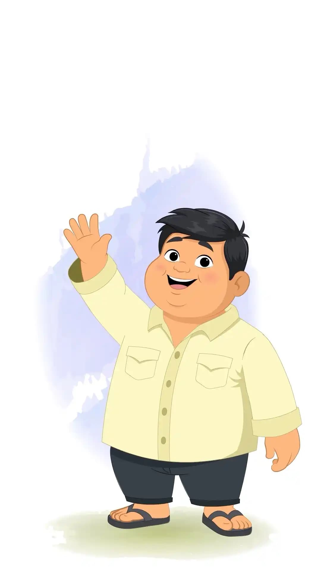 Cute chubby Indian boy in a cream shirt, dark pants, and flip-flops, smiling and waving hello with a raised hand in a friendly front-view cartoon style AKA Monti